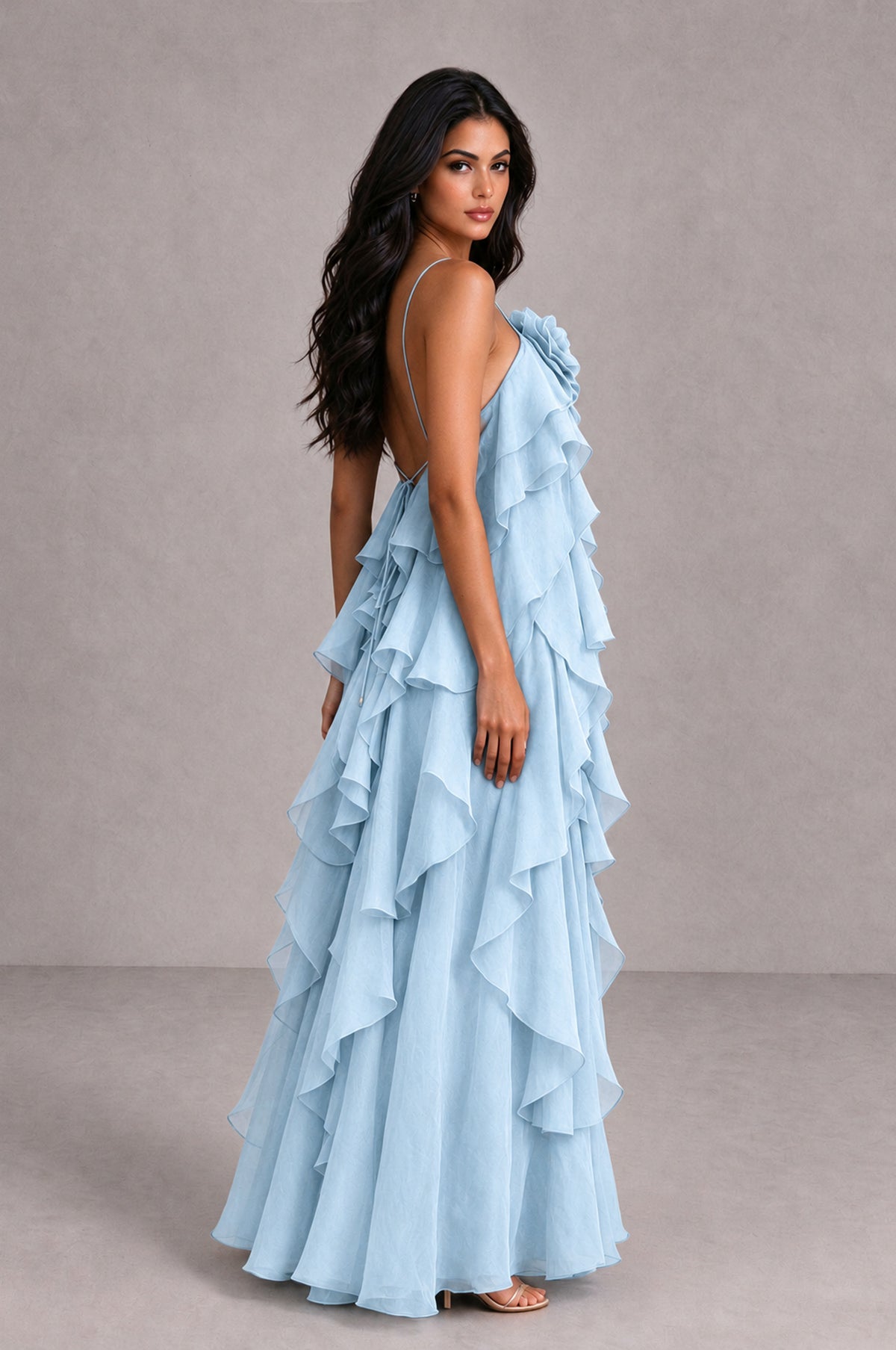 BOLODOO Light Blue Cascading Ruffle Rosette Open-Back Maxi Dress - Light Blue - Light Blue_3
