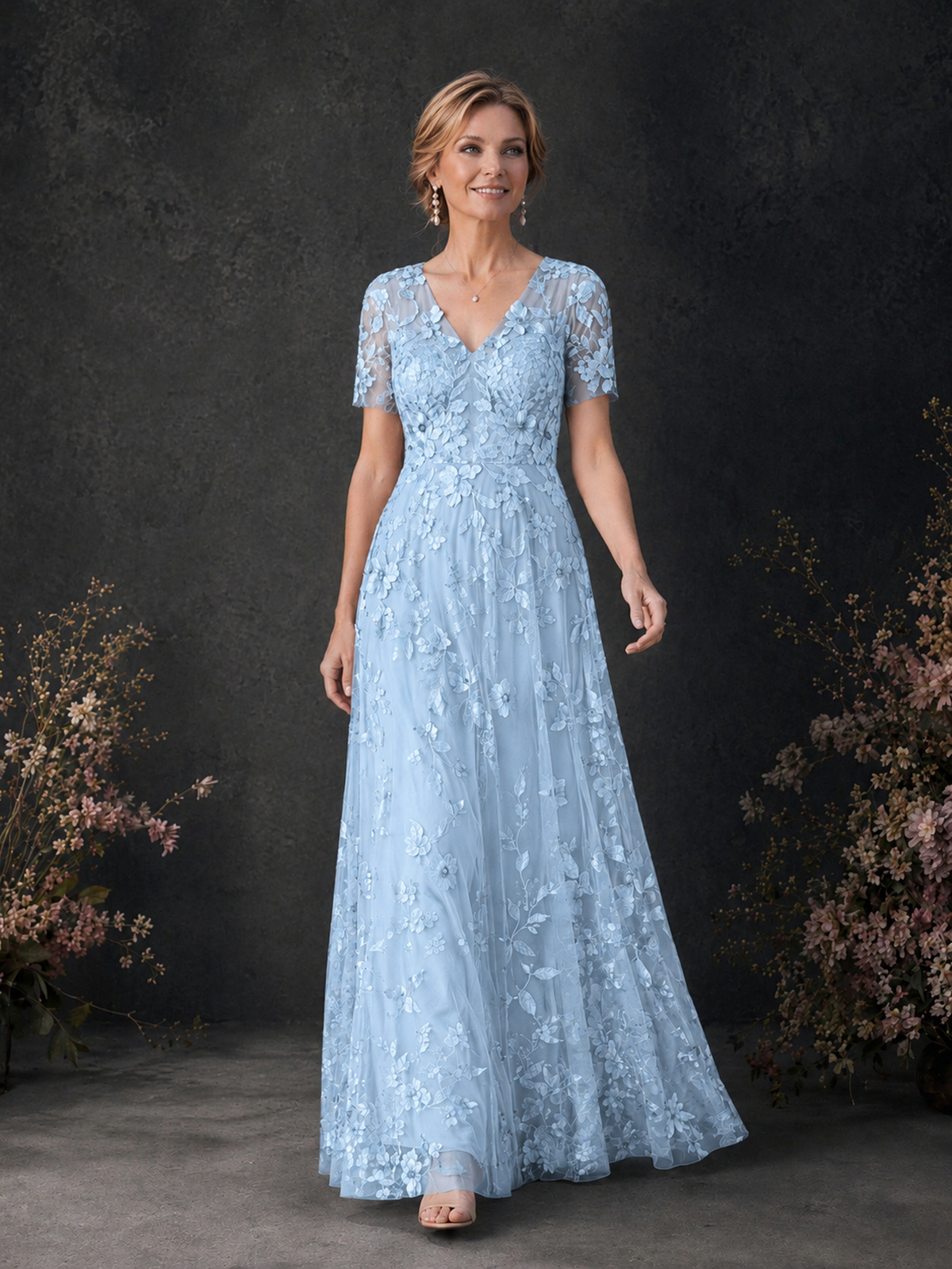 BOLODOO Light Blue 3D Floral Embroidered Lace V-Neck Short Sleeve A-Line Maxi Dress - Light Blue