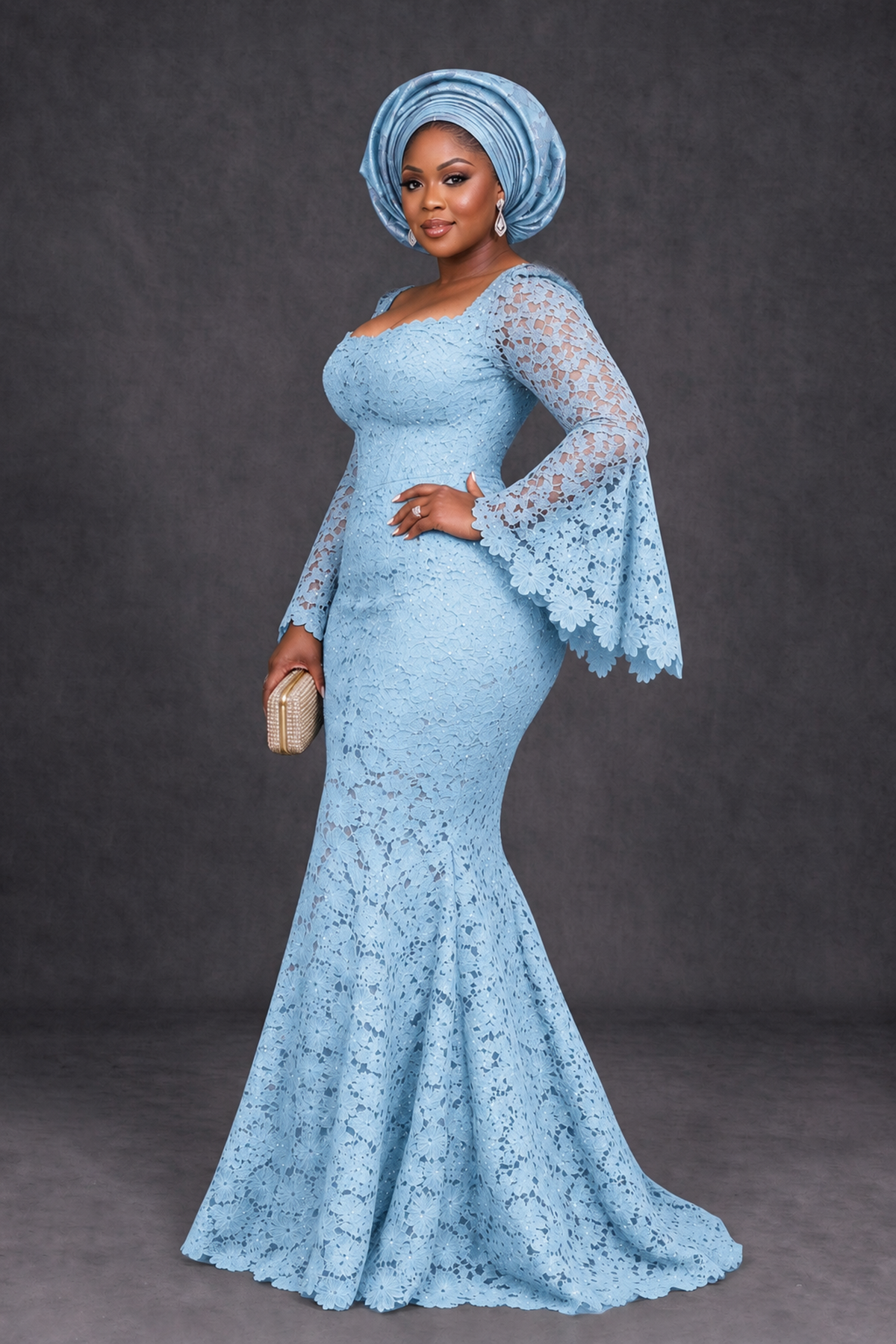 BOLODOO Light Blue African Lace Mermaid Dress, Plus Size Nigerian Wedding Guest Gown with Bell Sleeves - Light Blue - Light Blue_3