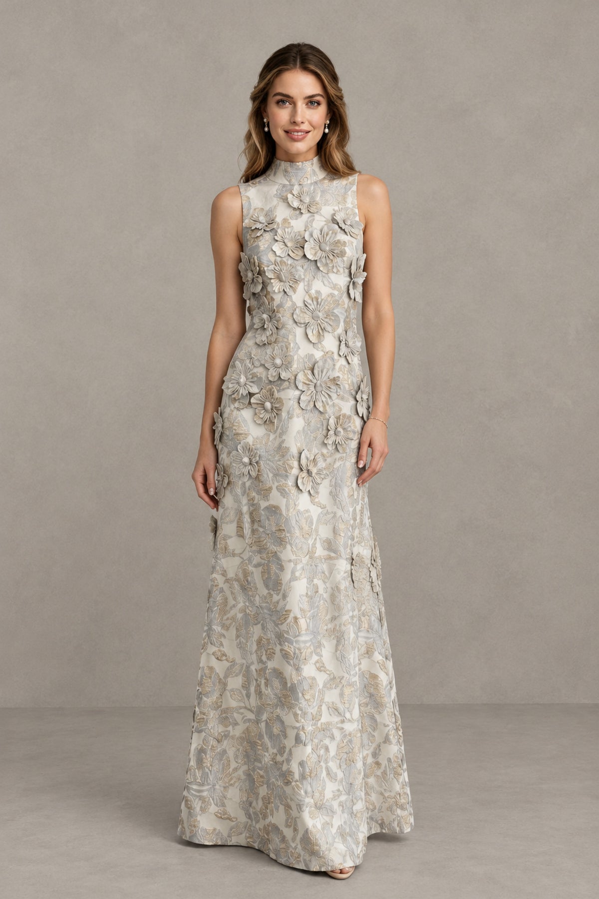 BOLODOO Light Blue High Neck Sleeveless 3D Floral Evening Gown - Light Blue