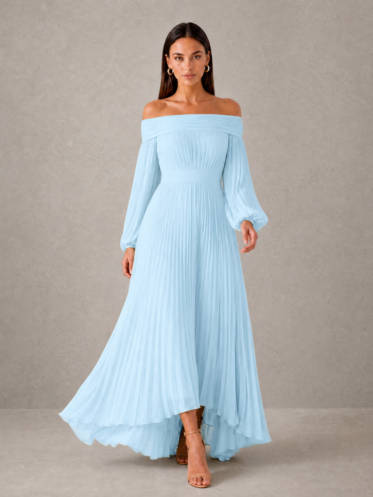 BOLODOO Light Blue Off-Shoulder Long Sleeve Pleated High-Low Dress - Light Blue - Light_Blue_3