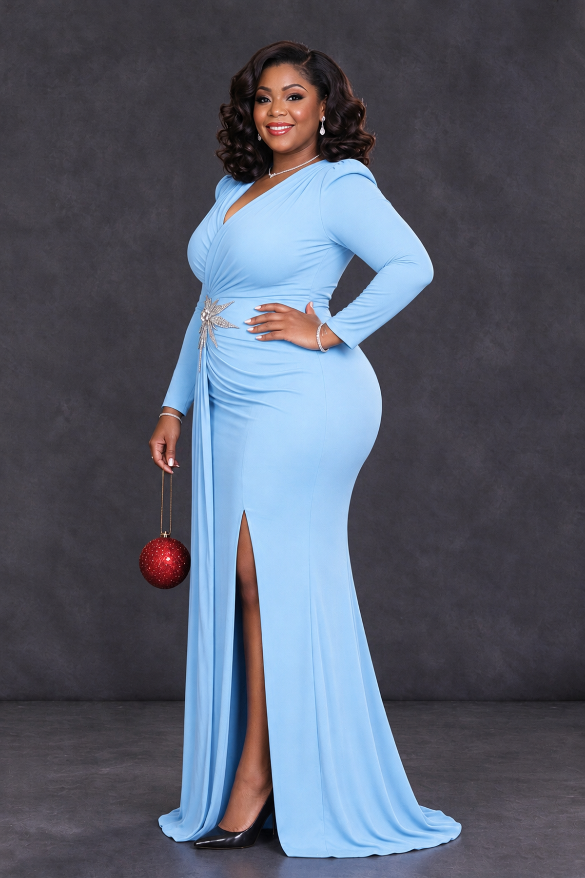 BOLODOO Light Blue Plus Size Long Sleeve V-Neck Mother of the Bride Dress with Slit - Light Blue - Light Blue_3