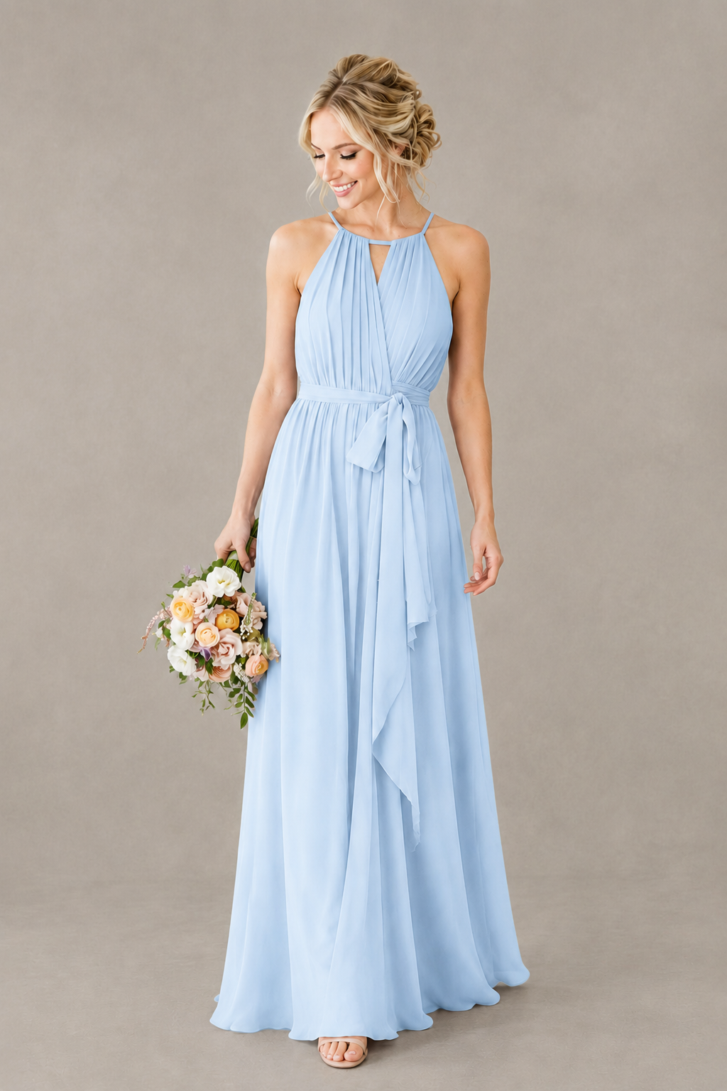 BOLODOO Light Blue Halter Chiffon Bridesmaid Dress with High Slit - Light Blue