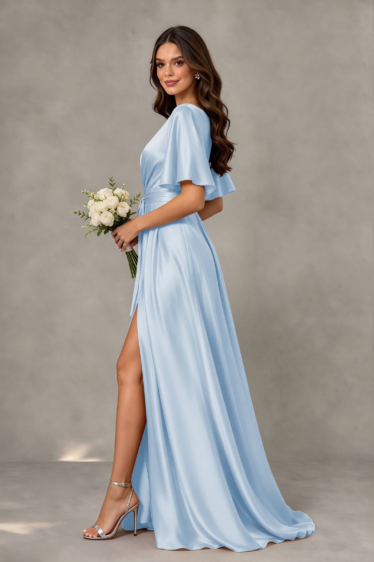 BOLODOO Light Blue Satin V-Neck Flutter Sleeve Bridesmaid Dress with Slit - Light Blue - Light Blue(4)