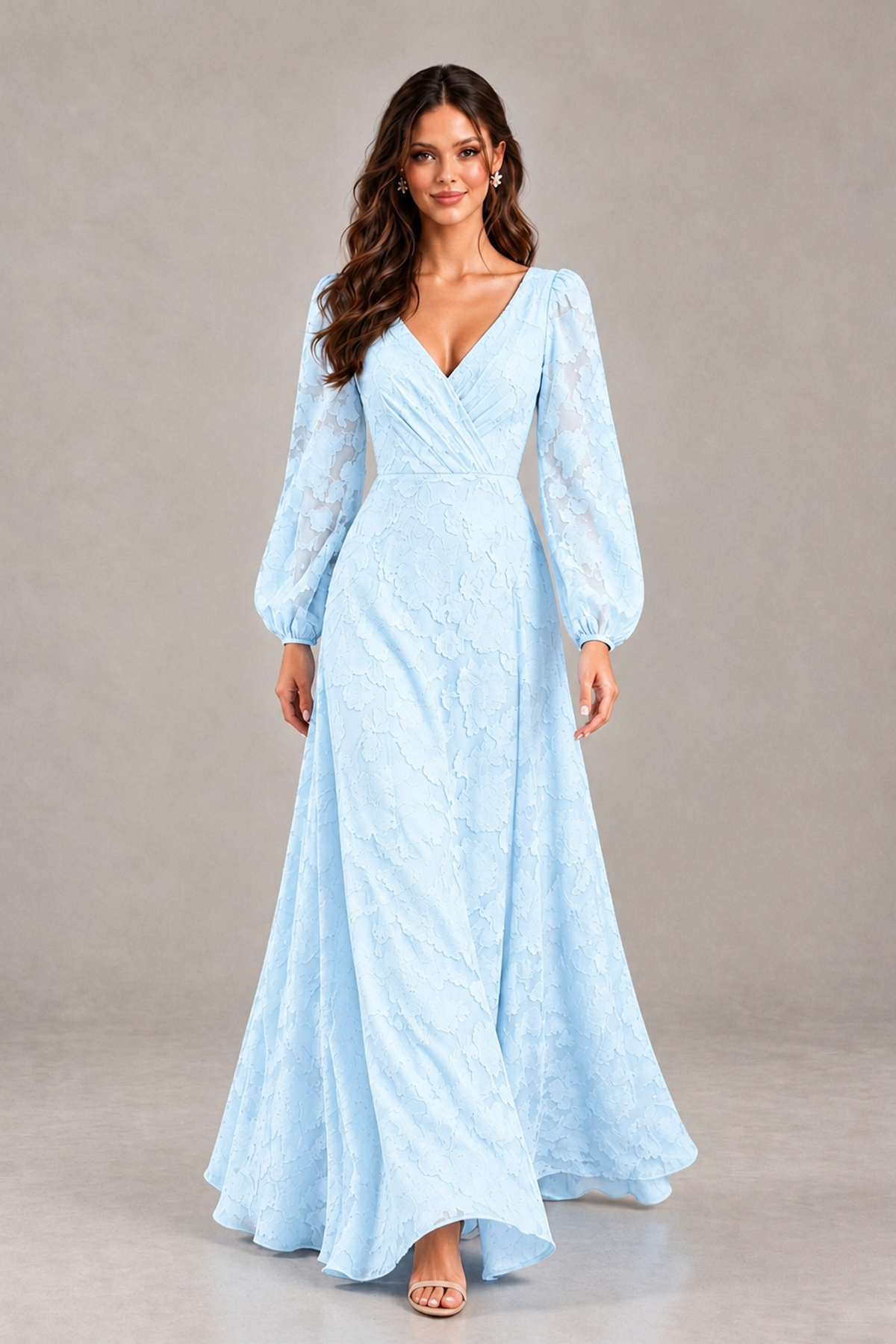 BOLODOO Light Blue Long Sleeve V-Neck A-Line Mother of the Bride Dress - Light Blue - Light Blue_4