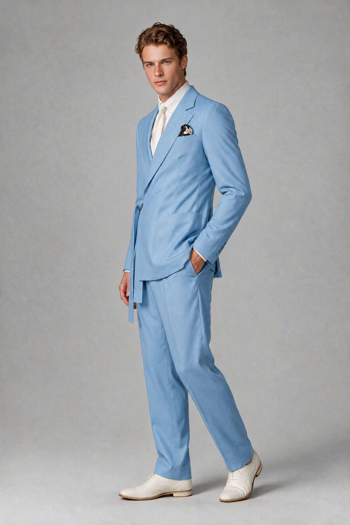 Bolodoo Men's Light Blue Wrap Tie-Waist Two-Piece Suit – Jacket & Trousers - Light Blue - Light Blue_4