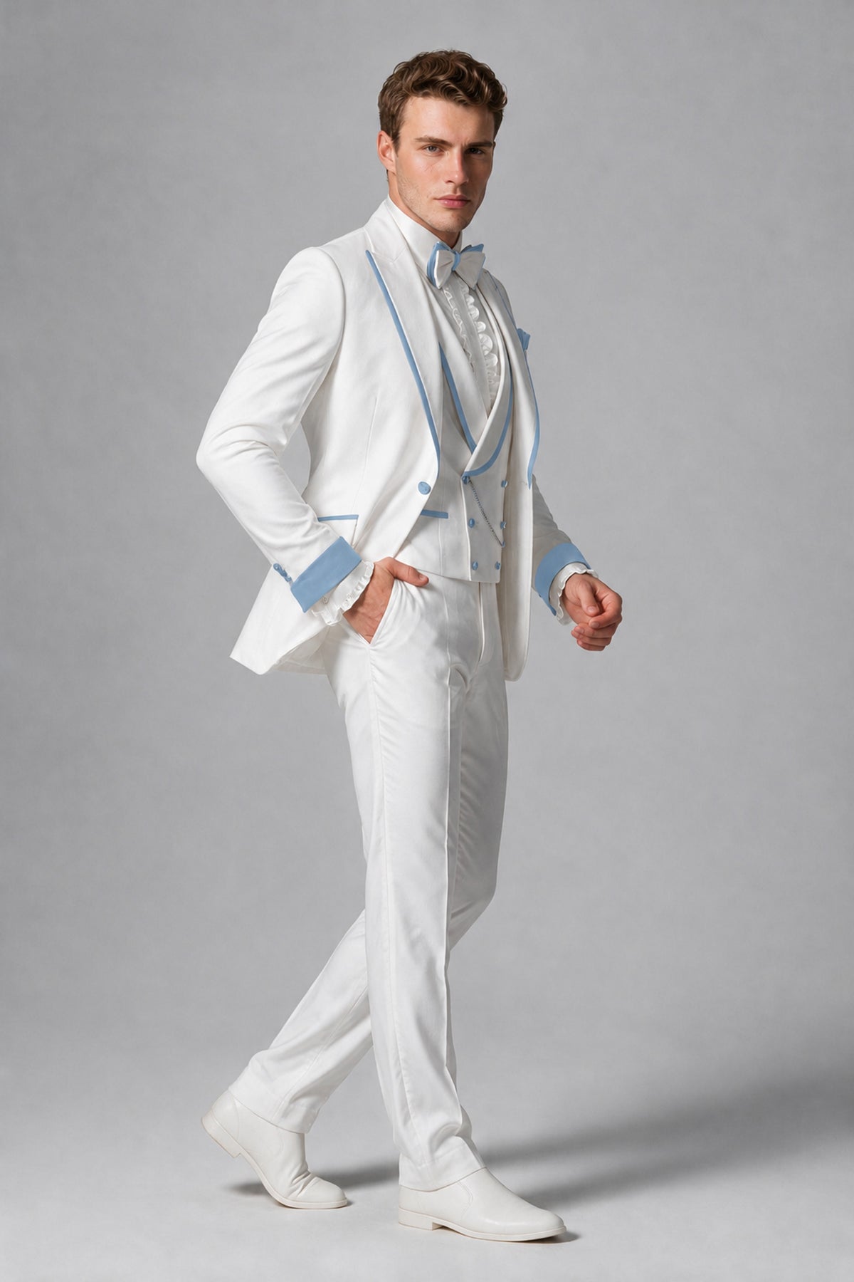Bolodoo Men's White and Light Blue Three-Piece Wedding Tuxedo Suit - Light Blue - Light Blue_4