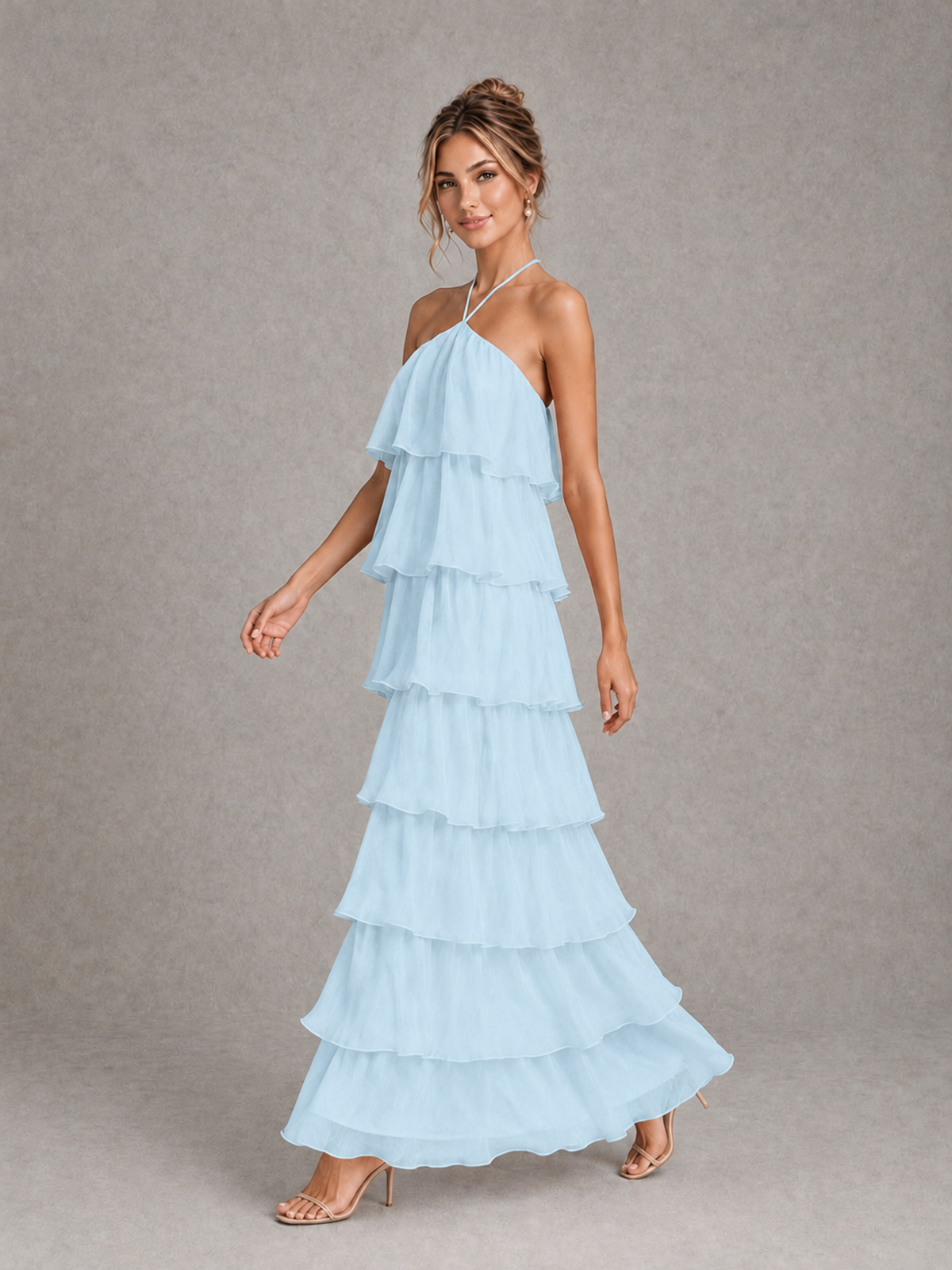 BOLODOO Light Blue Halter Tiered Ruffle Maxi Bridesmaid Dress - Light Blue - Light Blue_4
