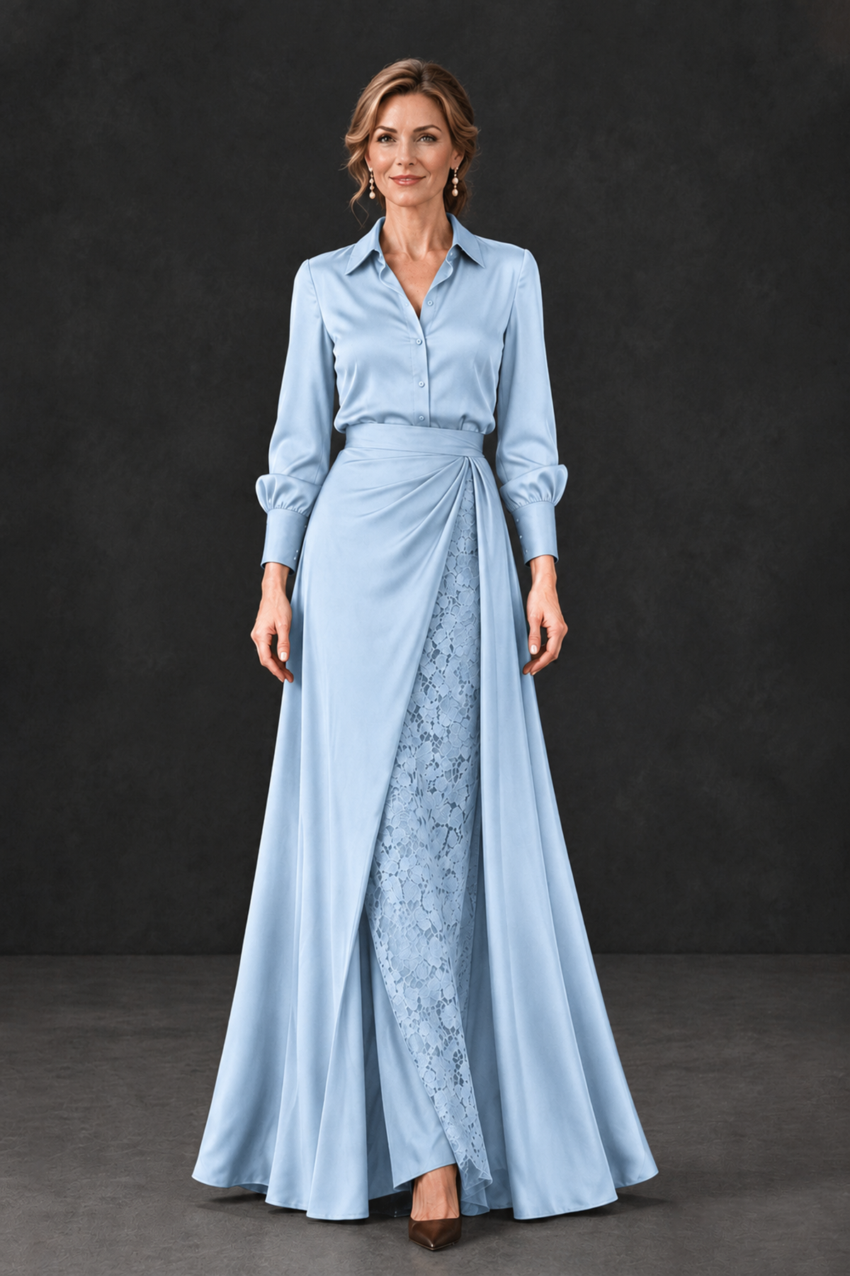 BOLODOO Light Blue Long Sleeve Satin-Look Lace Panel Gown - Light Blue - Light Blue_4