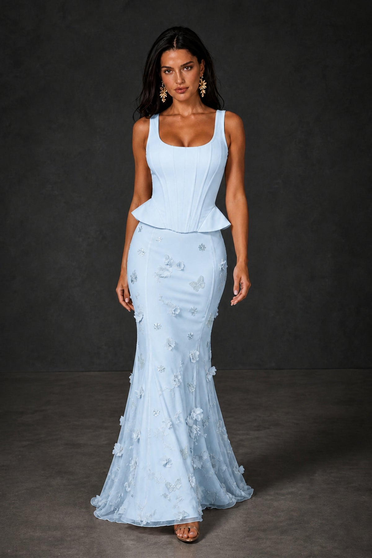 BOLODOO Light Blue Peplum Corset Top & 3D Floral Mermaid Skirt Two-Piece Set – Lace-Up Back Formal Gown - Light Blue