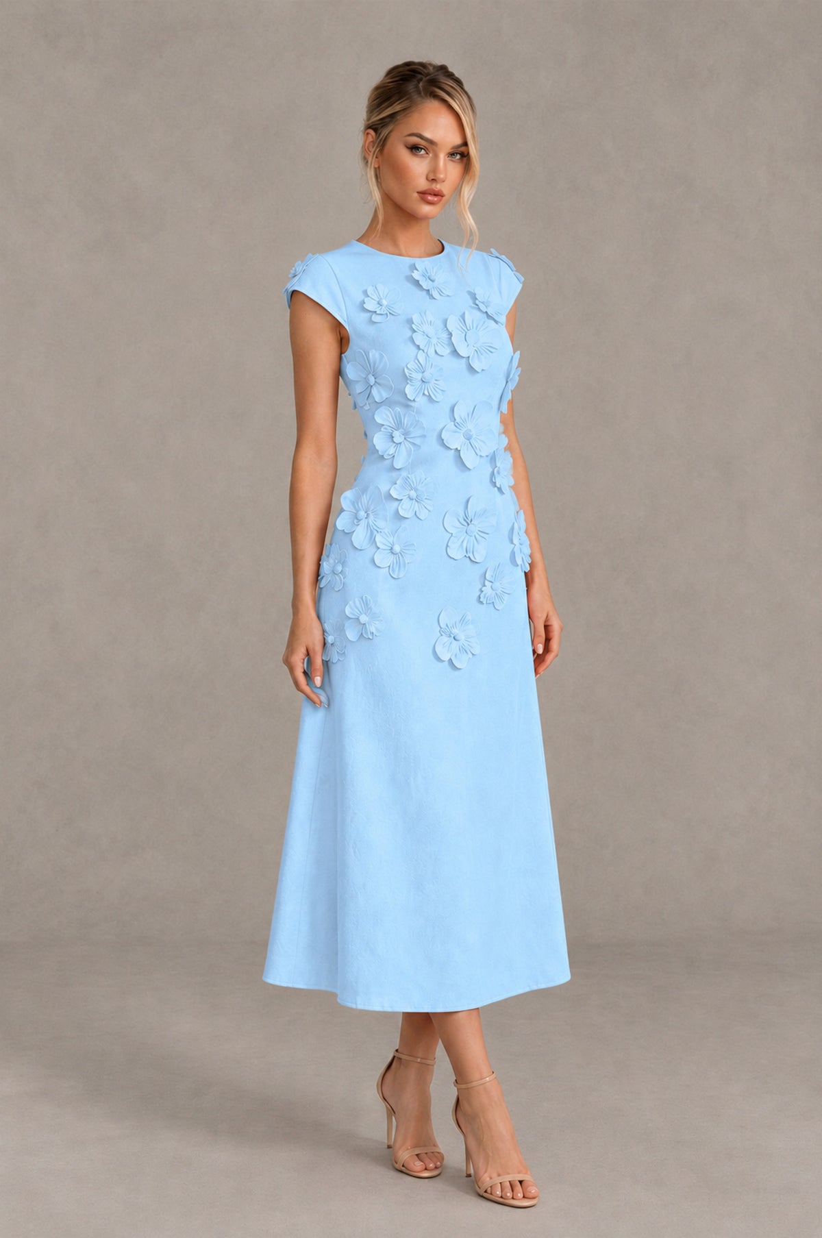 BOLODOO Light Blue 3D Floral Cap Sleeve Midi Cocktail Dress - Light Blue - Light Blue_4