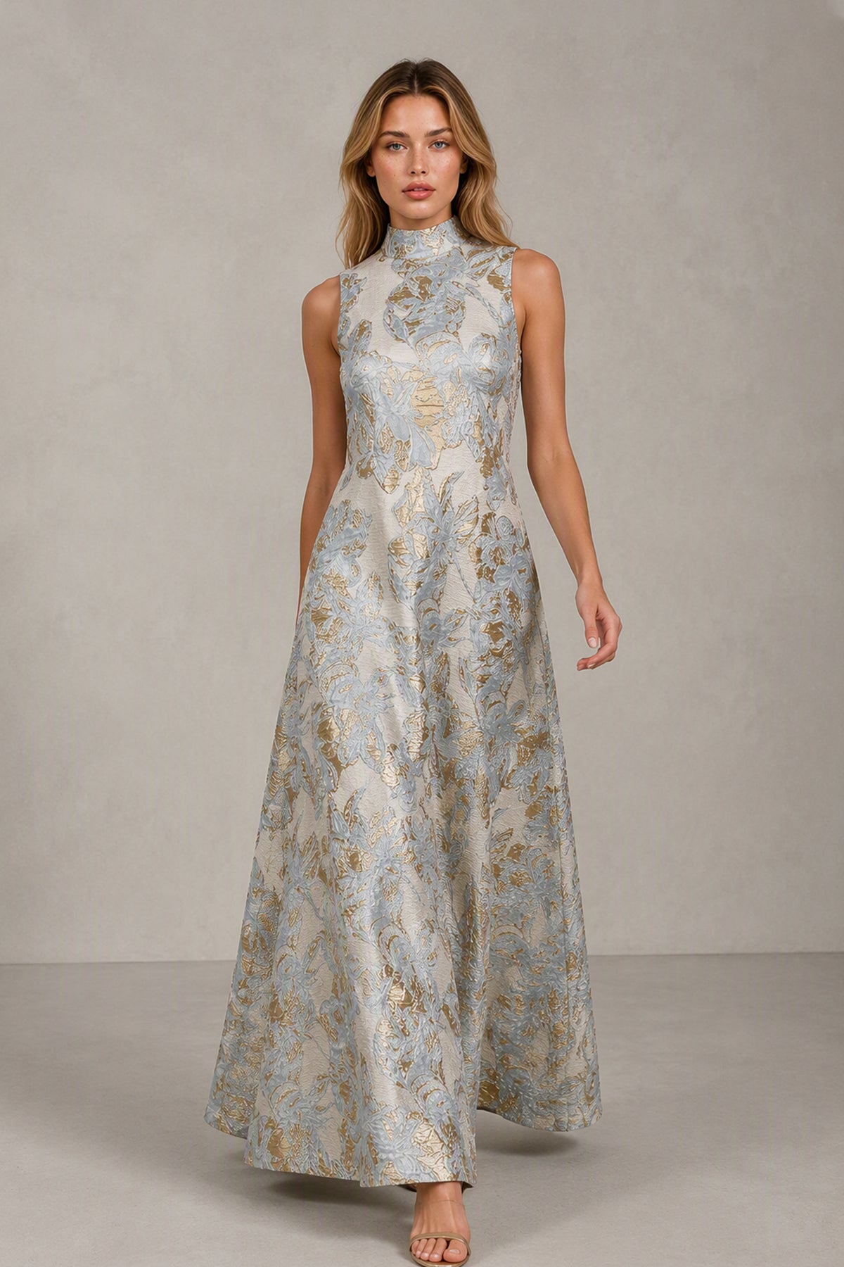 BOLODOO Light Blue Jacquard High Neck Sleeveless A-Line Maxi Dress – Wedding Guest & Formal Evening Gown - Light Blue