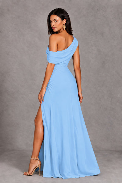 Light Blue One-Shoulder Floor-Length Evening Gown with High Slit - Light Blue