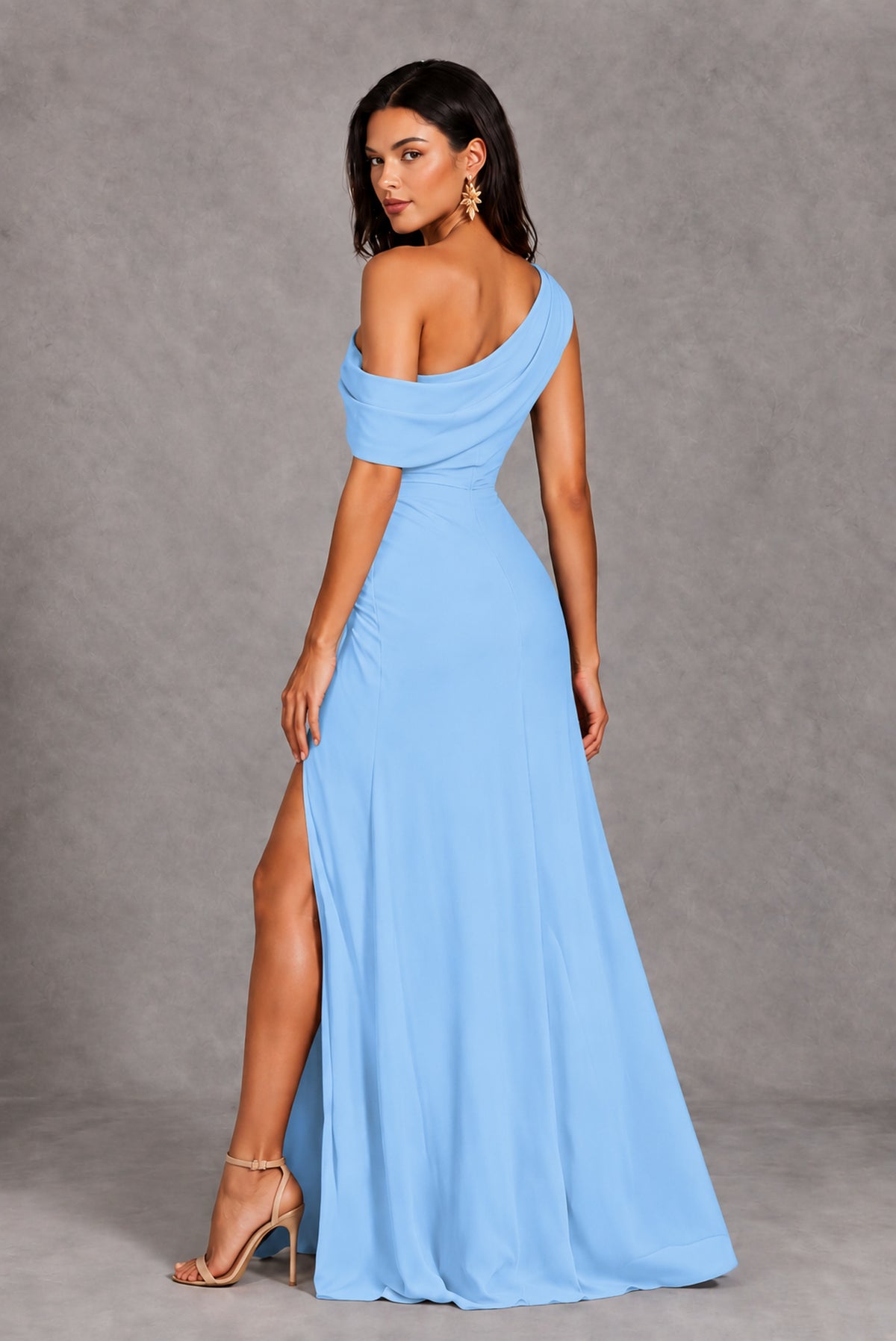 Light Blue One-Shoulder Floor-Length Evening Gown with High Slit - Light Blue