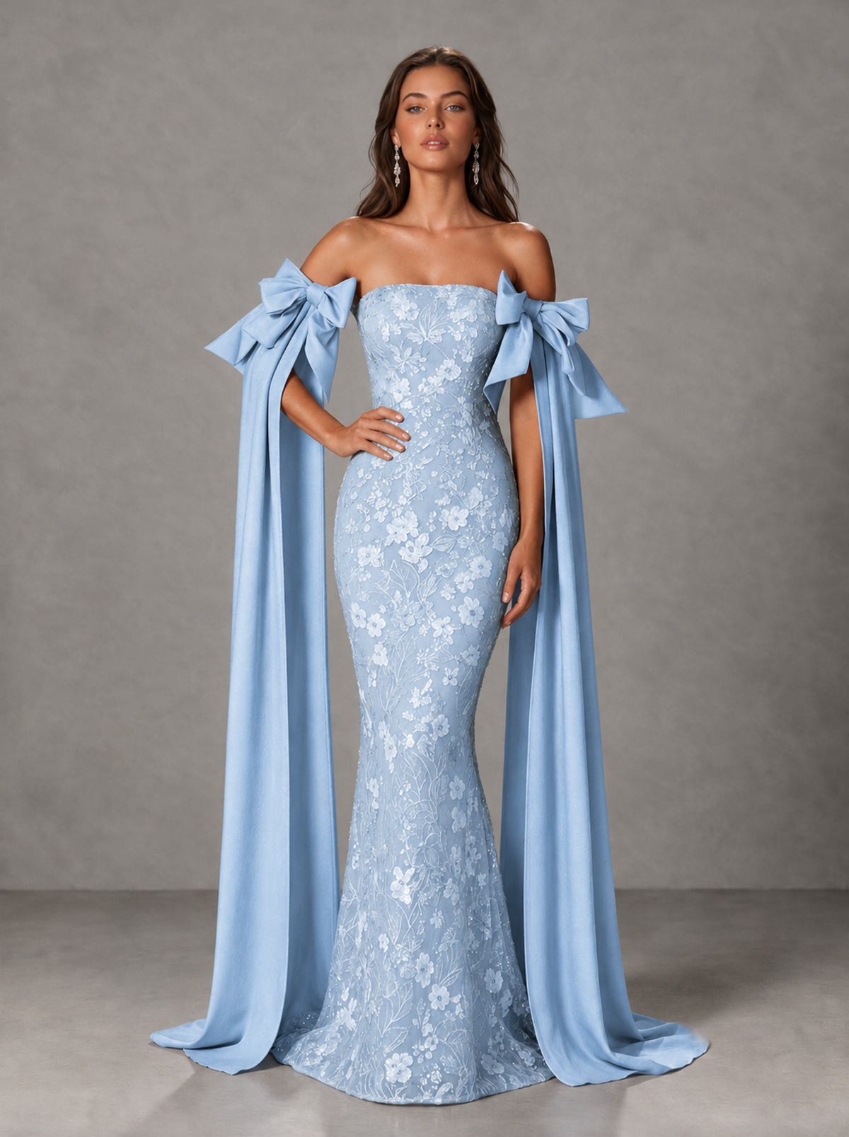 BOLODOO Light Blue Floral Lace Mermaid Prom Dress with Off-Shoulder Bows - Light Blue - Light Blue(4)