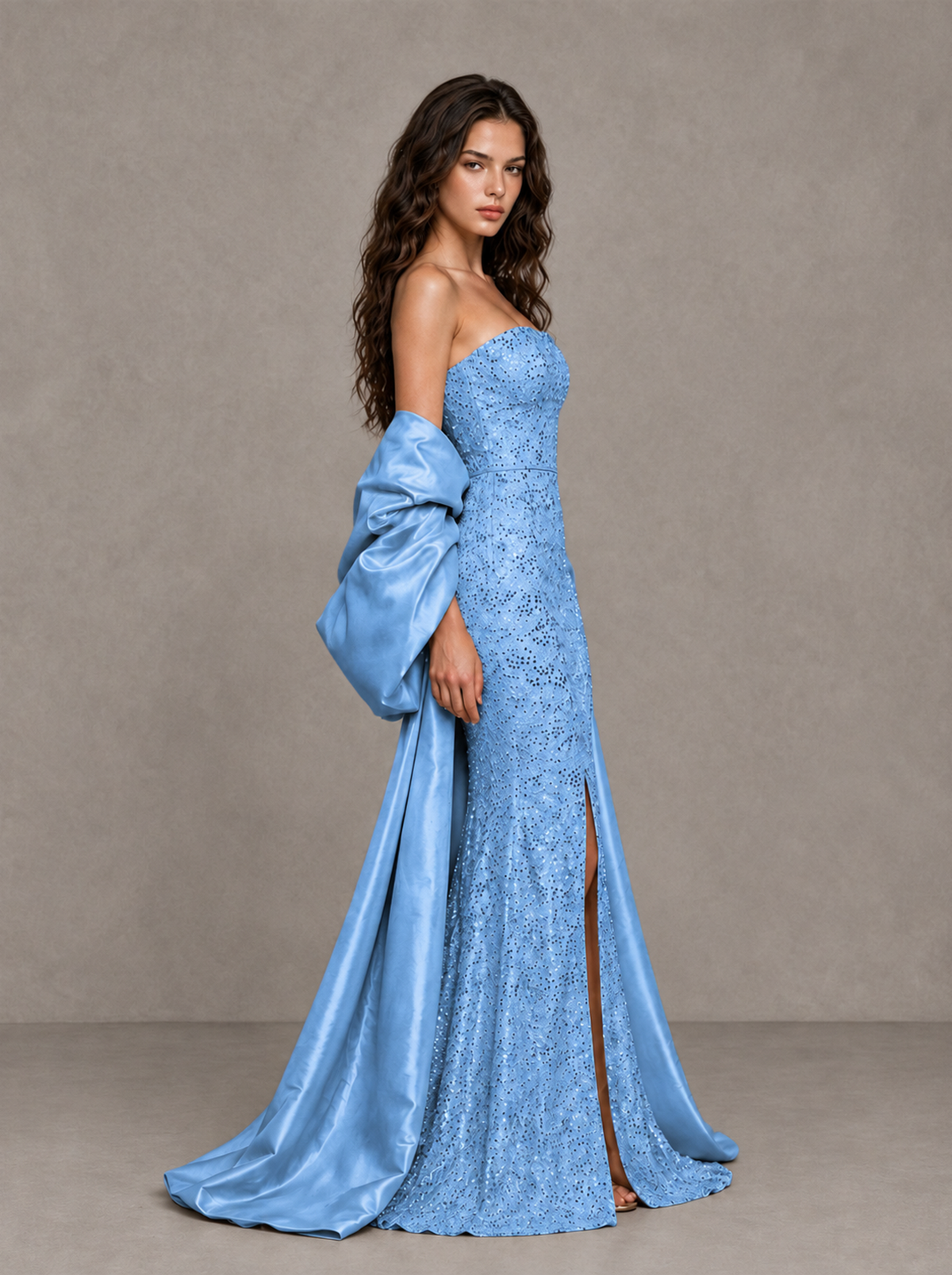 BOLODOO Light Blue Strapless Sparkle Mermaid Prom Dress with Front Slit and Draped Sleeves - Light Blue - Light Blue_4