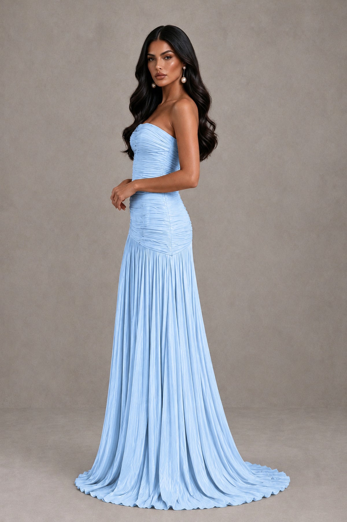 BOLODOO Light Blue Metallic Ruched Strapless Pleated A-Line Backless Maxi Dress with Train - Light Blue - Light Blue_4