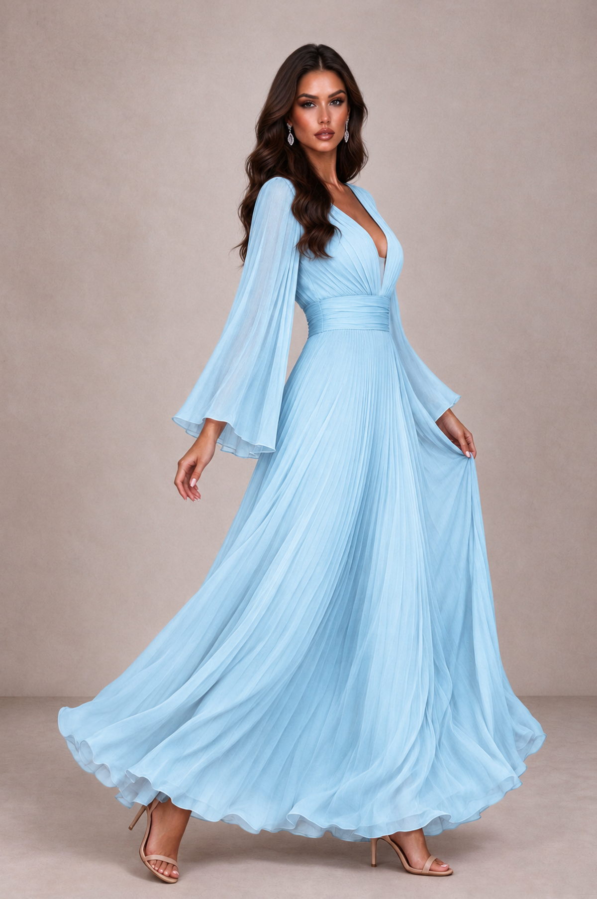 BOLODOO Light Blue Pleated Deep V-Neck Long Bell Sleeve Evening Dress - Light Blue - Light_Blue_4