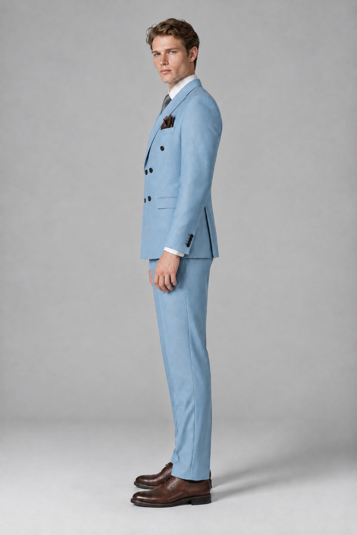 Bolodoo Men's Light Blue Double-Breasted Two-Piece Suit with Peak Lapels - Light Blue - Light Blue_4