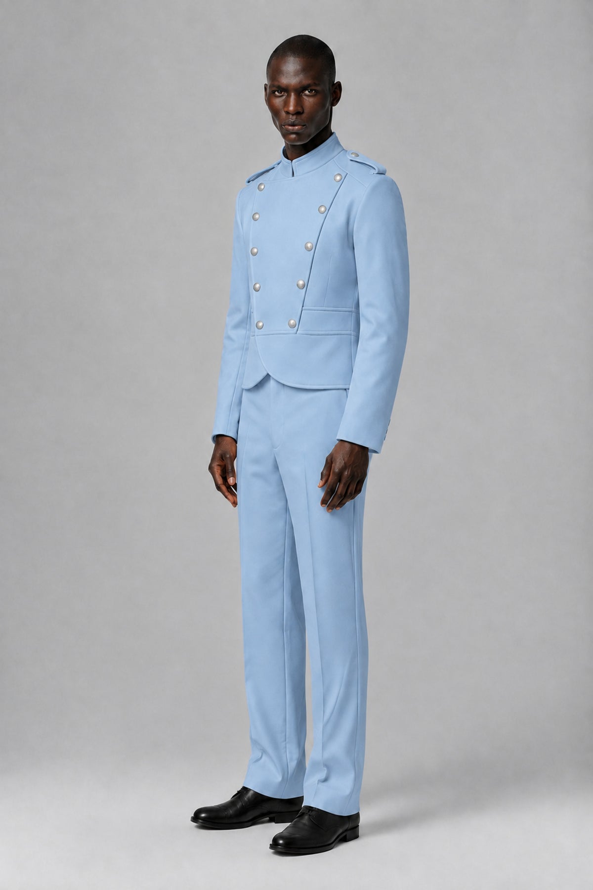 Bolodoo Men's Light Blue Military-Inspired Two-Piece Suit with Stand Collar - Light Blue - Light Blue_4