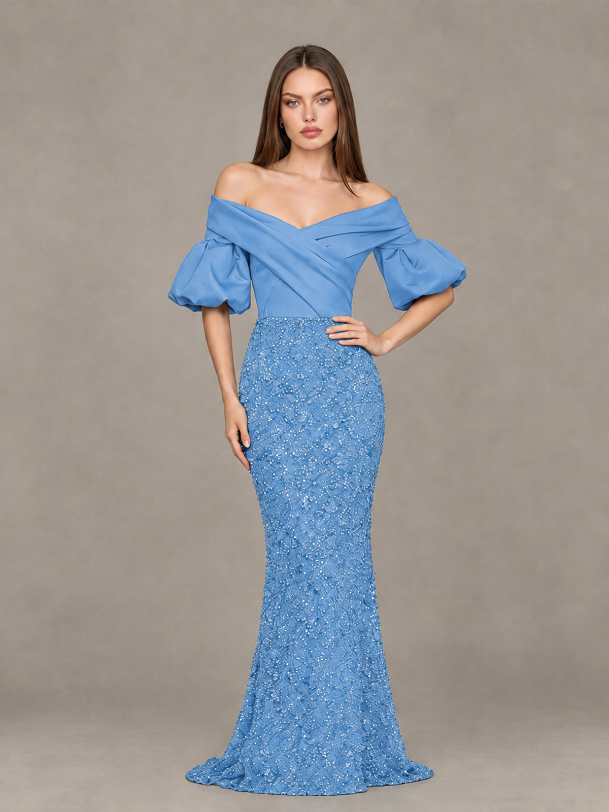 BOLODOO Light Blue Off-Shoulder Puff Sleeve Sequin Mermaid Evening Dress - Light Blue - Light Blue_4