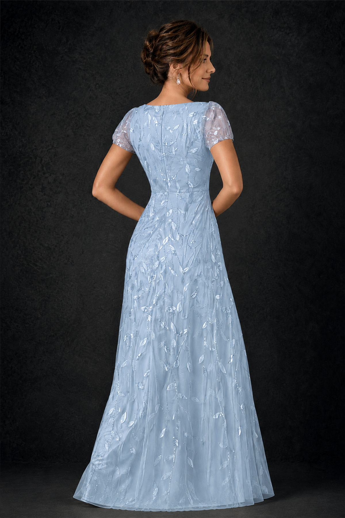 BOLODOO Light Blue Leaf Embroidered A-Line Formal Gown with Cap Sleeves - Light Blue - Light_Blue_4
