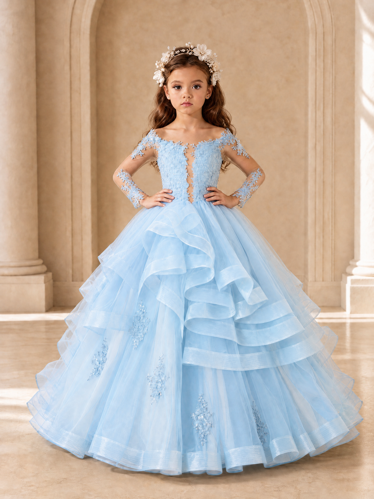 BOLODOO Light Blue Lace Long Sleeve Tiered Flower Girl Dress - Light Blue - Light_Blue_4