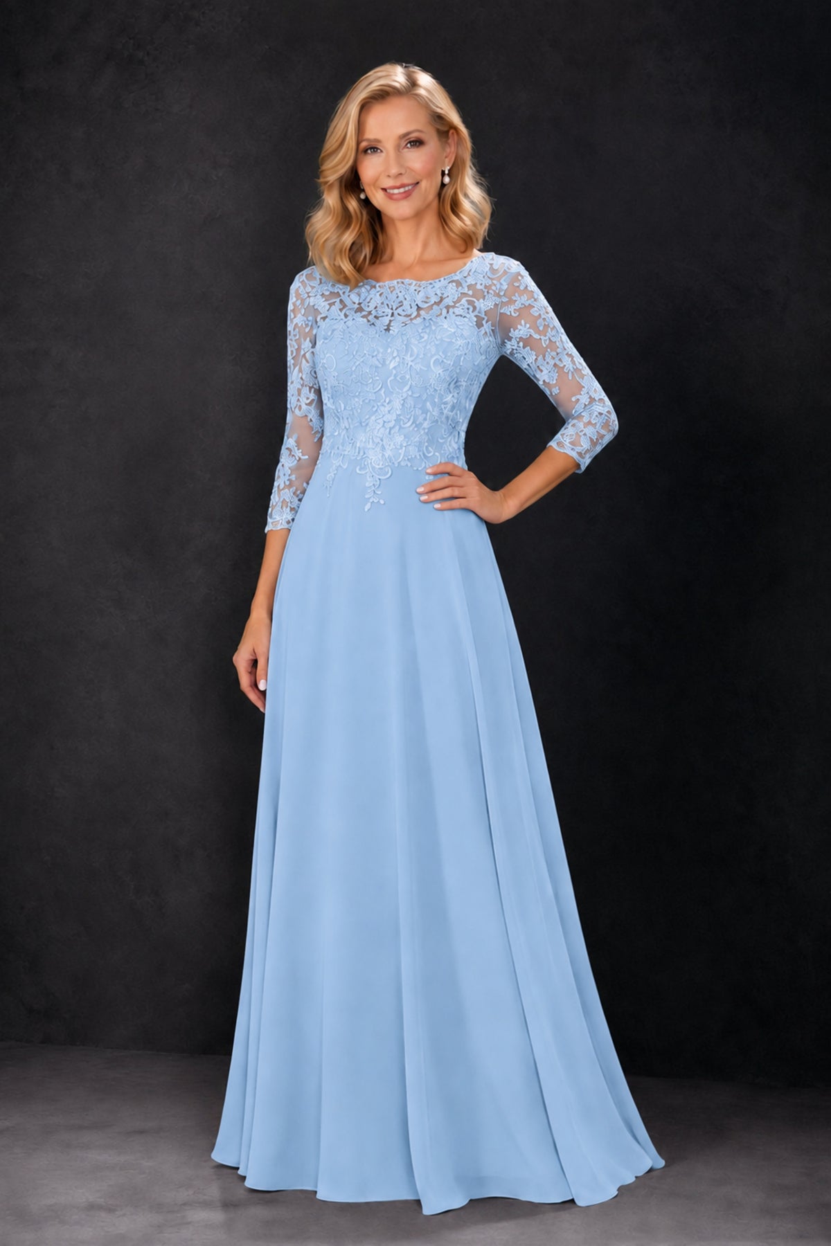 BOLODOO Light Blue Lace Embroidered Mother of the Bride Dress with 3/4 Sleeves - Light Blue