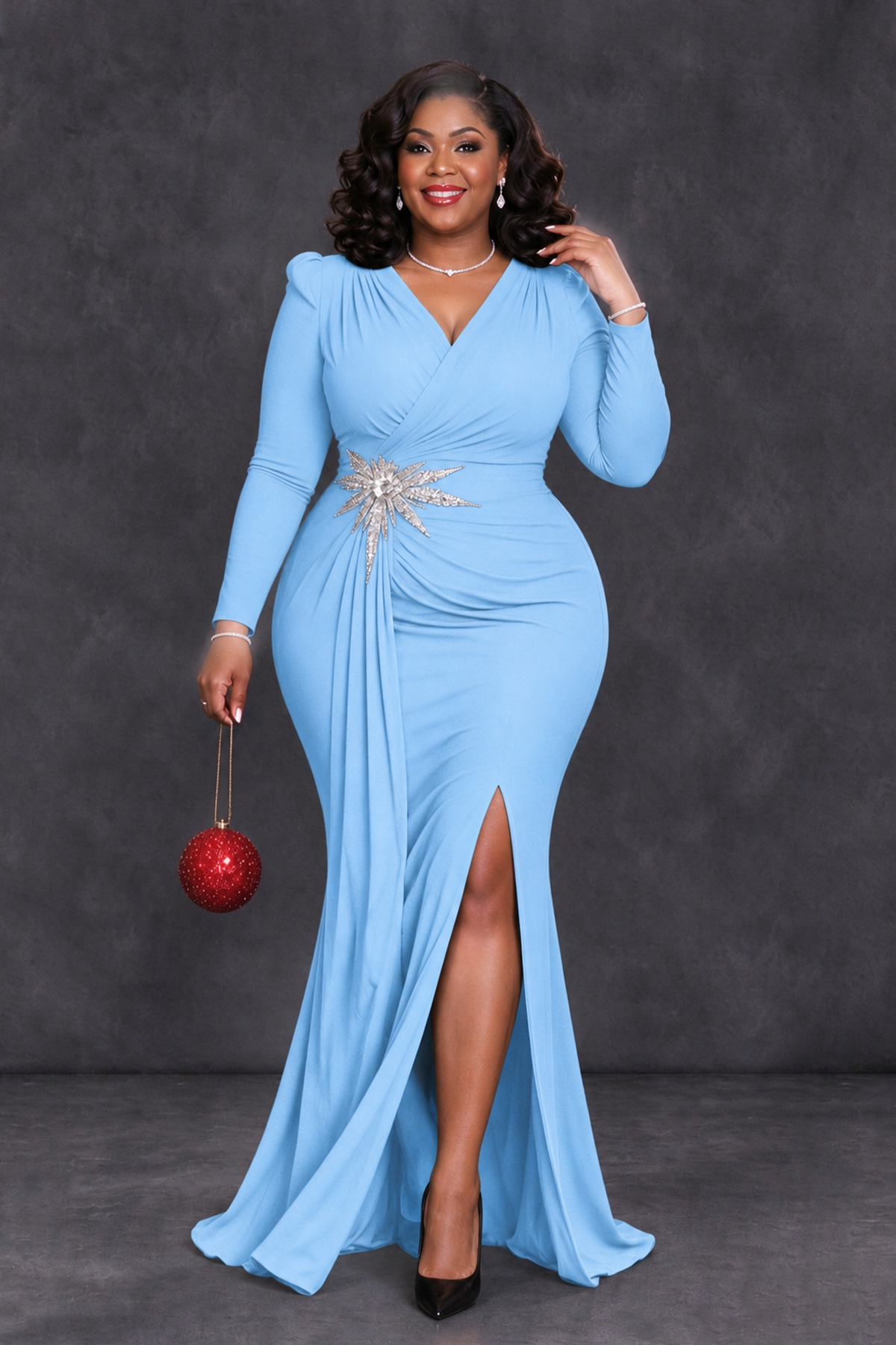 BOLODOO Light Blue Plus Size Long Sleeve V-Neck Mother of the Bride Dress with Slit - Light Blue - Light Blue_4