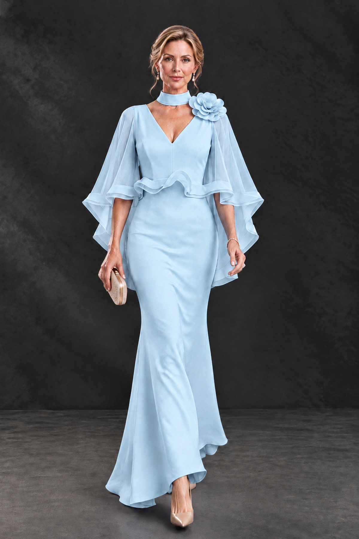 BOLODOO Light Blue Floral Cape Sleeve Mother of the Bride Dress - Light Blue - Light_Blue_4