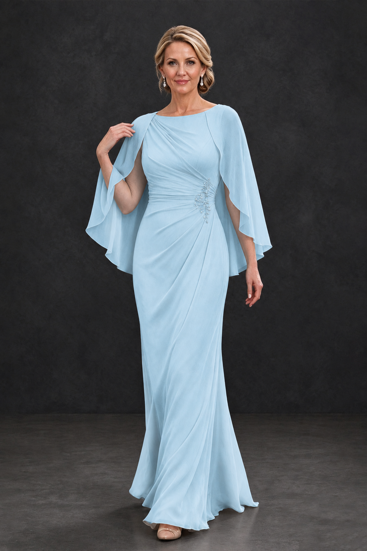 BOLODOO Light Blue Cape Sleeve Mother of the Bride Dress with Ruched Waist - Light Blue - Light Blue_4