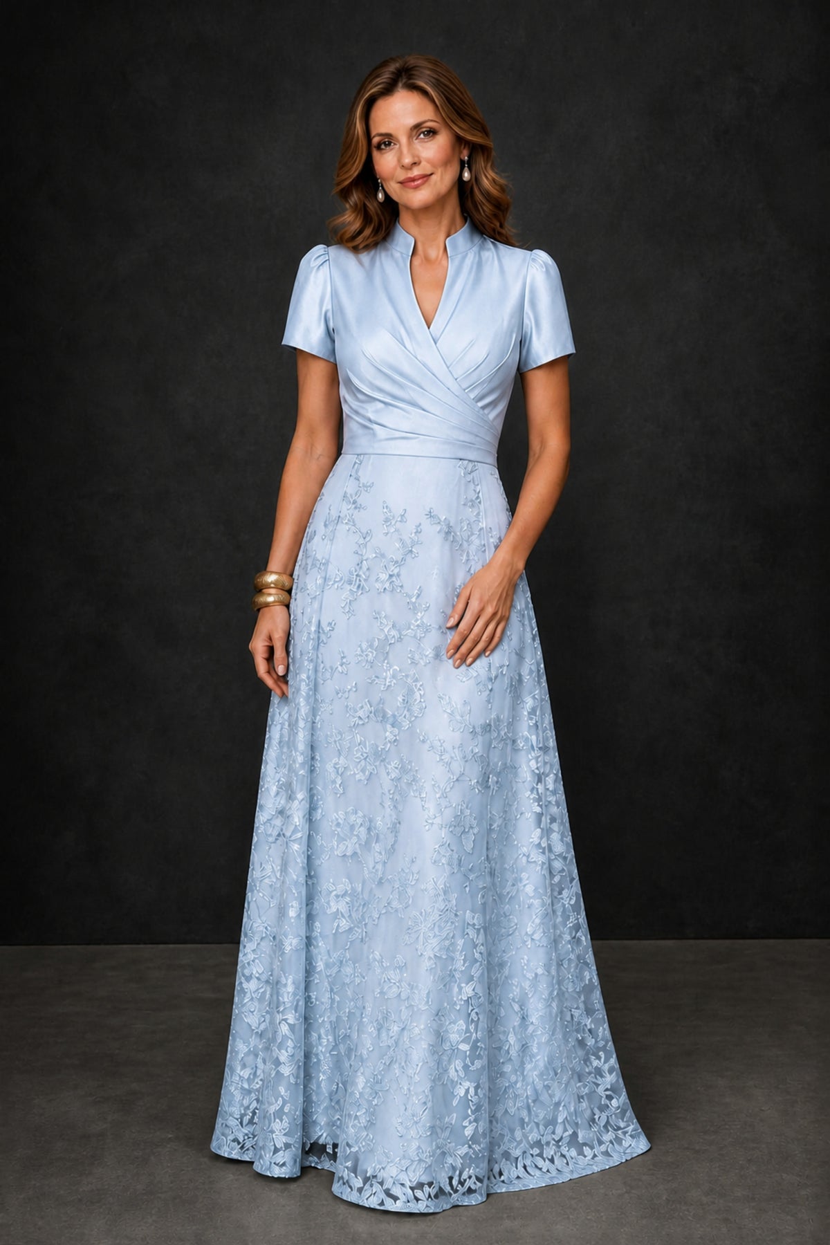 BOLODOO Light Blue Satin Wrap V-Neck Short Sleeve Lace Glitter A-Line Floor Length Evening Gown – Formal Dress - Light Blue