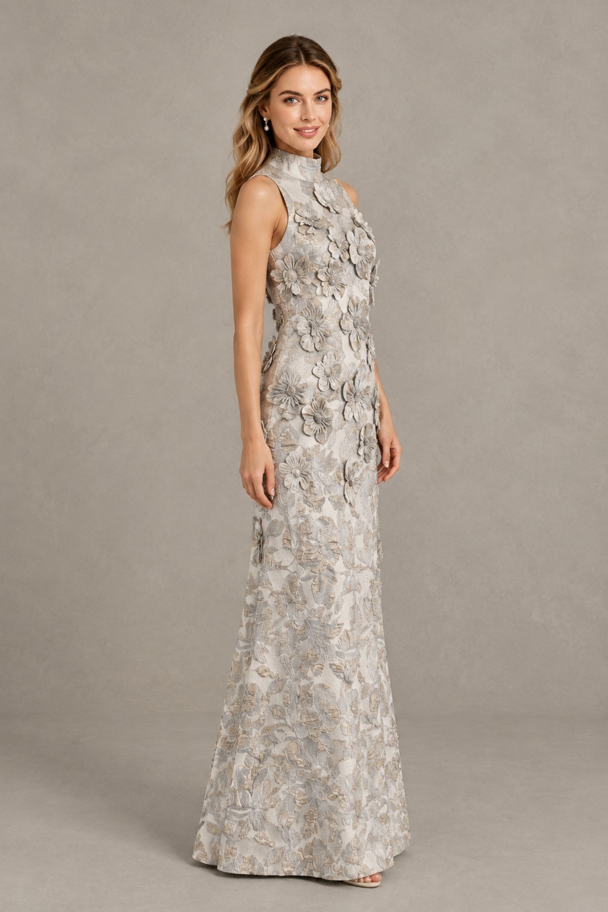 BOLODOO Light Blue High Neck Sleeveless 3D Floral Evening Gown - Light Blue