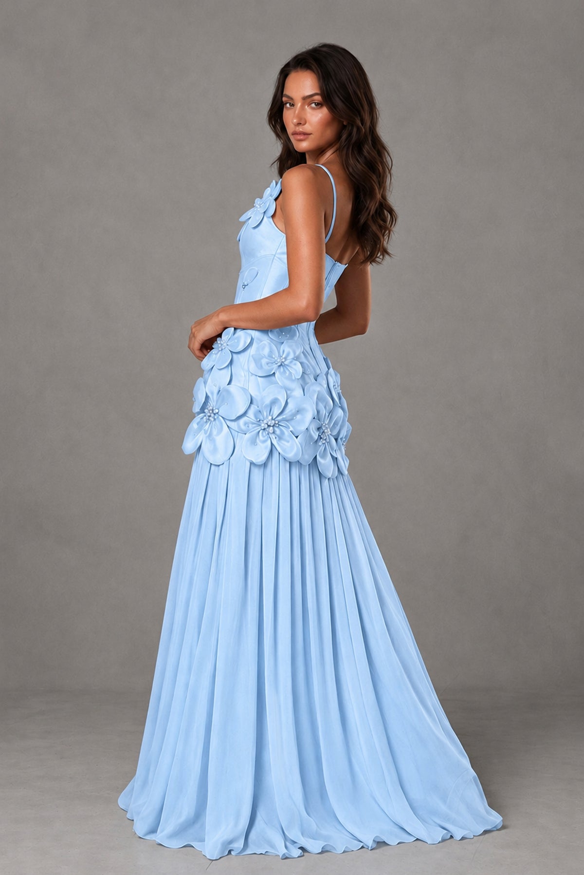 BOLODOO Light Blue 3D Floral Appliqué Floor-Length A-Line Evening Gown - Light Blue