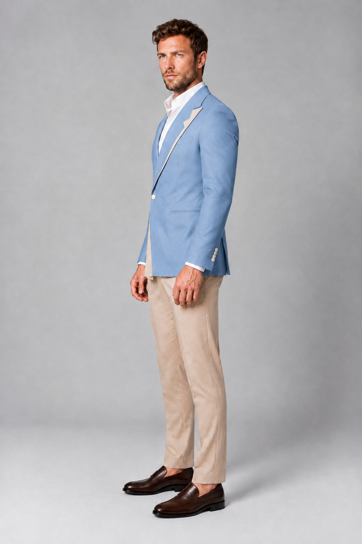 BOLODOO Men's Light Blue Double-Breasted Blazer & Khaki Trousers Tuxedo 2-Piece Suit Set - Light Blue - Light Blue_4