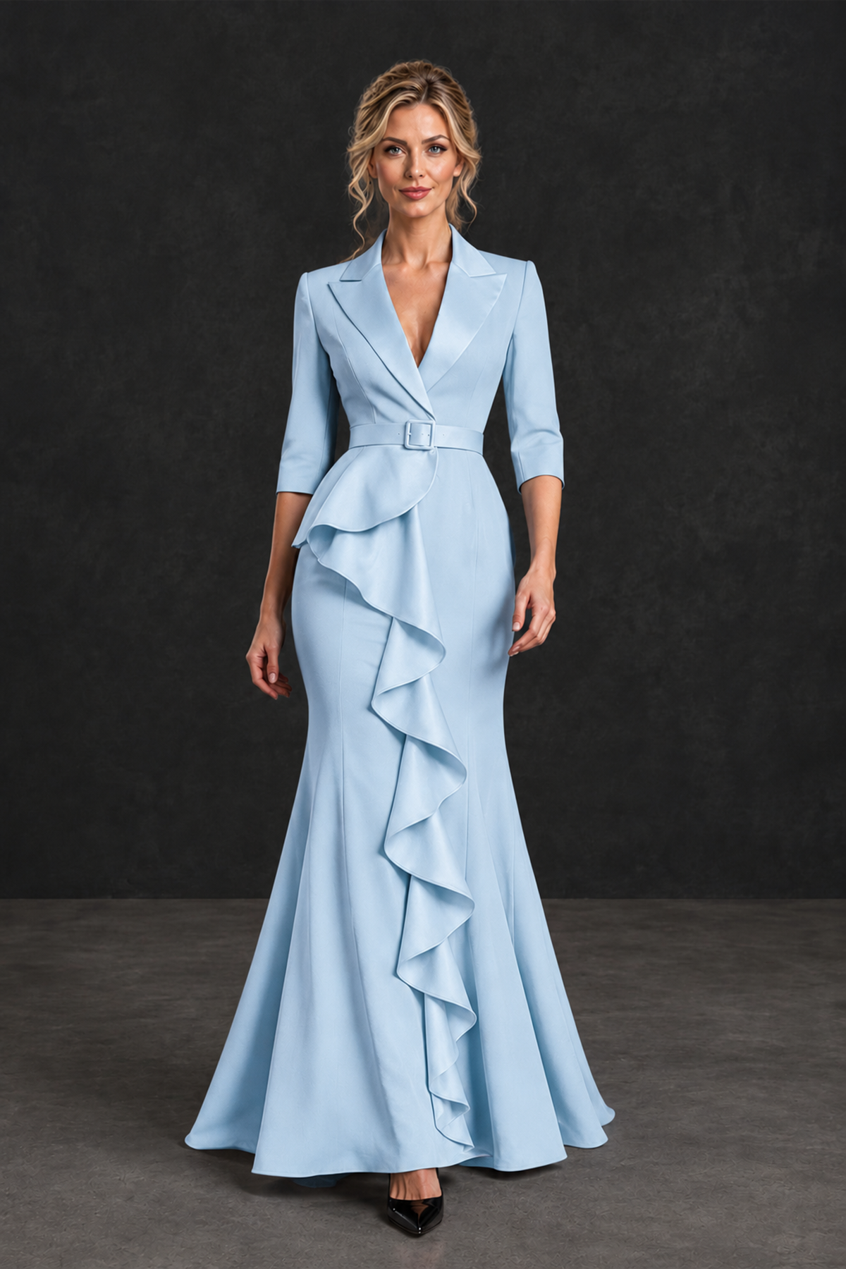 BOLODOO Light Blue Lapel Ruffle Mother of the Bride Dress with Belt - Light Blue - Light Blue_4