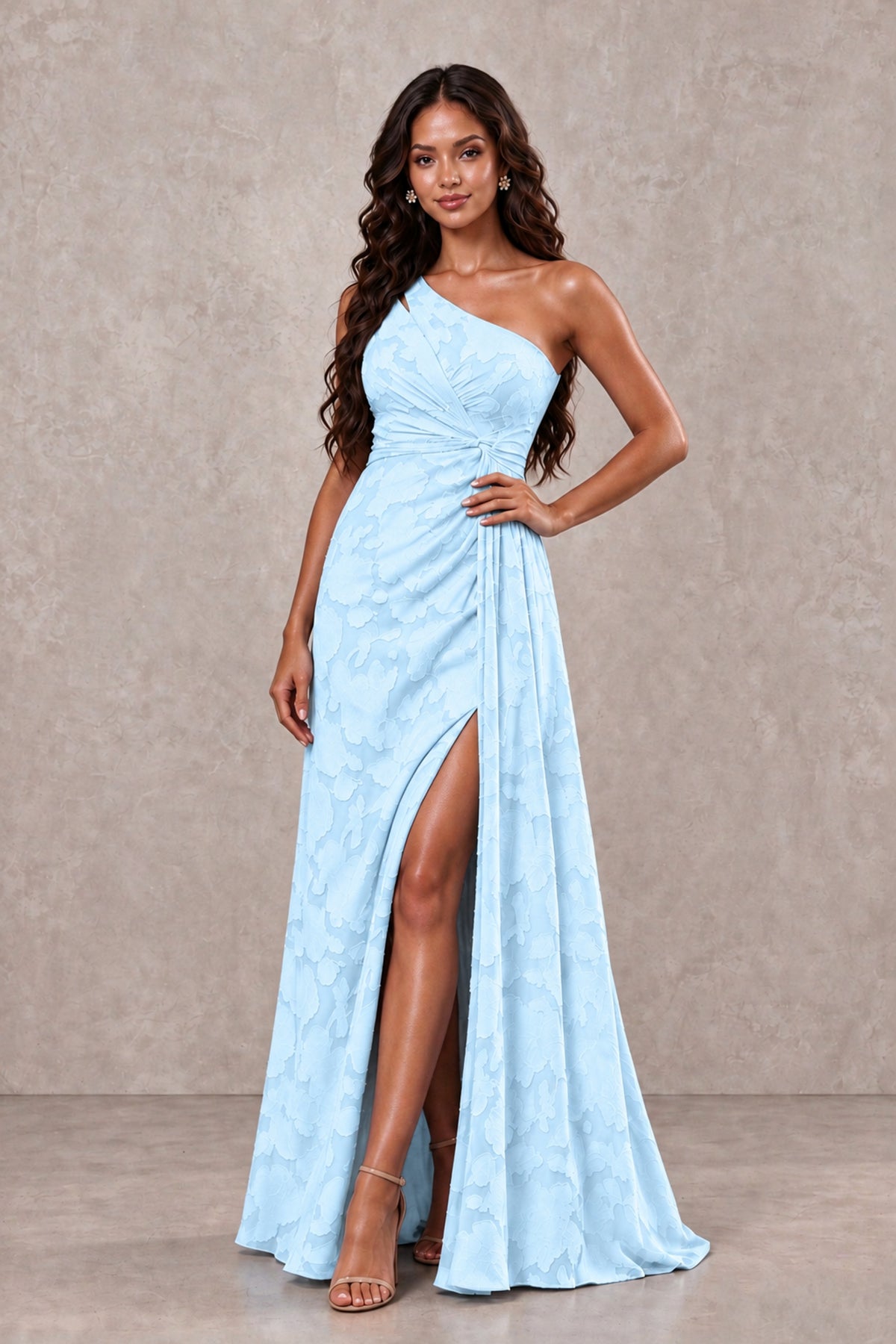 BOLODOO Light Blue One-Shoulder Floral Textured Maxi Dress with High Slit - Light Blue - Light Blue_4