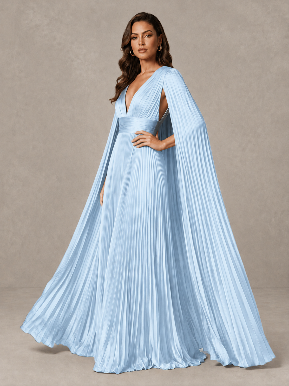 BOLODOO Light Blue Deep V-Neck Pleated Cape Sleeve Evening Gown - Light Blue - Light Blue_4
