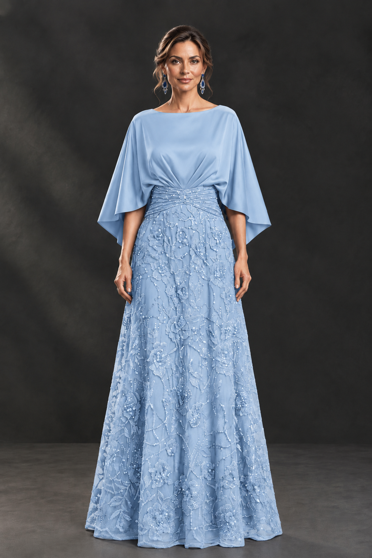 BOLODOO Light Blue Cape Sleeve Floral Mother of the Bride Dress - Light Blue - Light Blue_4