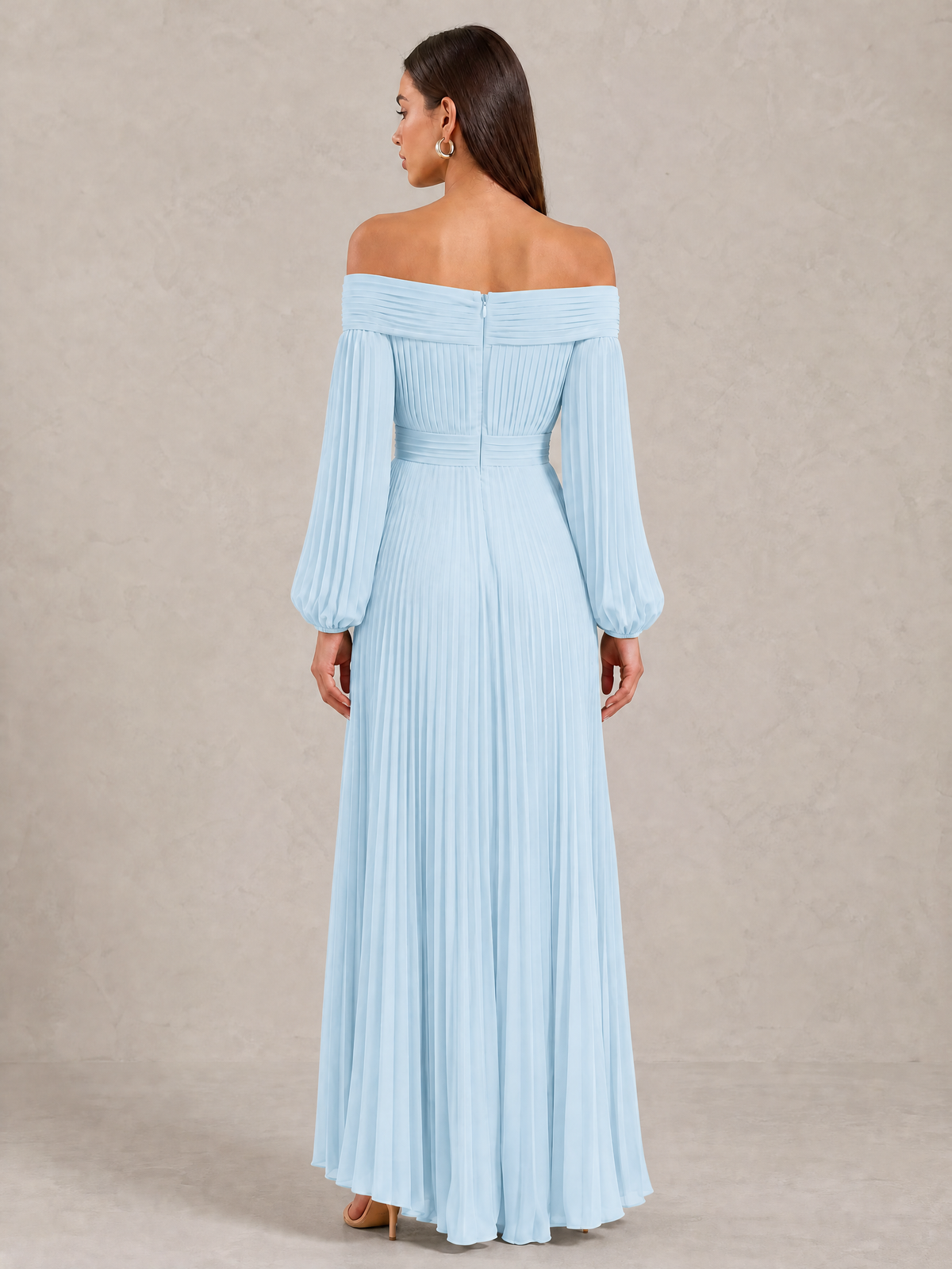 BOLODOO Light Blue Off-Shoulder Long Sleeve Pleated High-Low Dress - Light Blue - Light_Blue_4