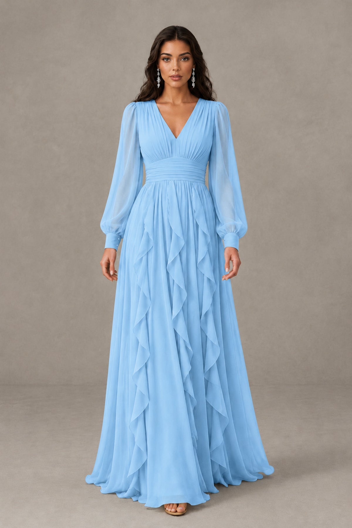 BOLODOO Light Blue Long Sleeve V-Neck Ruffle Maxi Dress - Light Blue