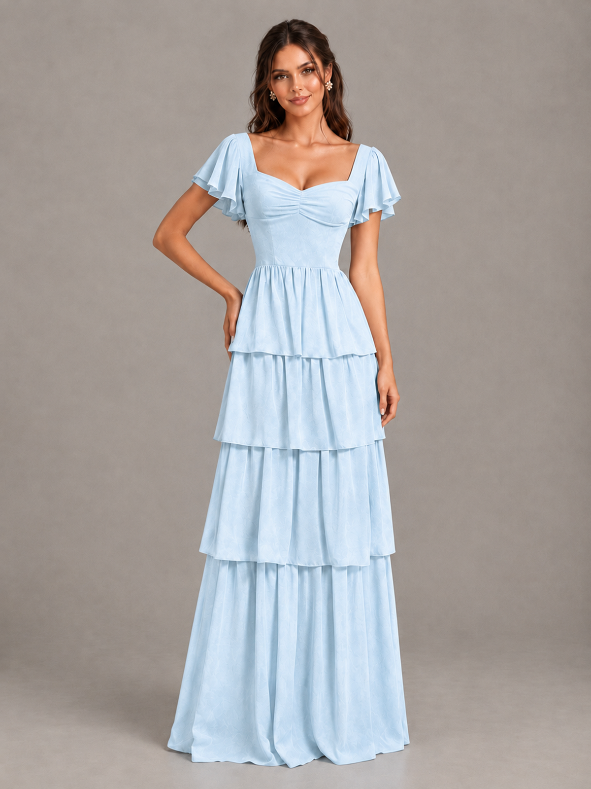 BOLODOO Light Blue Flutter Sleeve Tiered Maxi Bridesmaid Dress - Light Blue - Light Blue_4