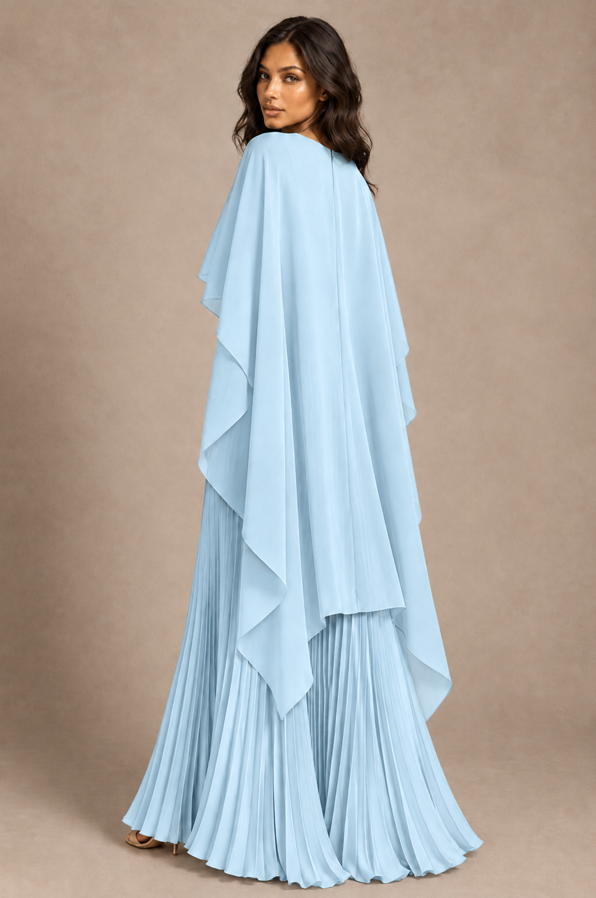 BOLODOO Light Blue Pleated Cape A-Line Evening Dress - Light Blue - Light_Blue_4