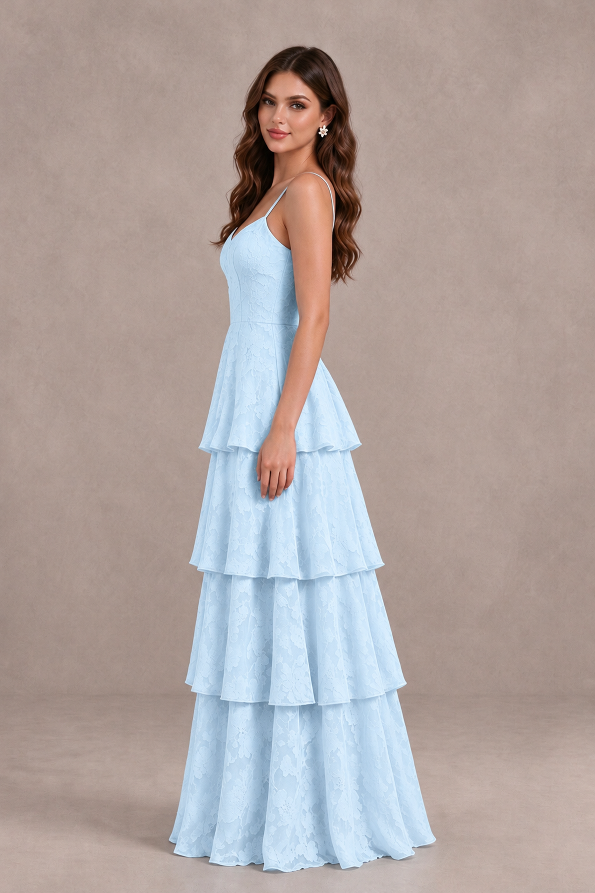 BOLODOO Light Blue Tiered Floral-Textured Spaghetti Strap Maxi Dress - Light Blue - Light Blue_4