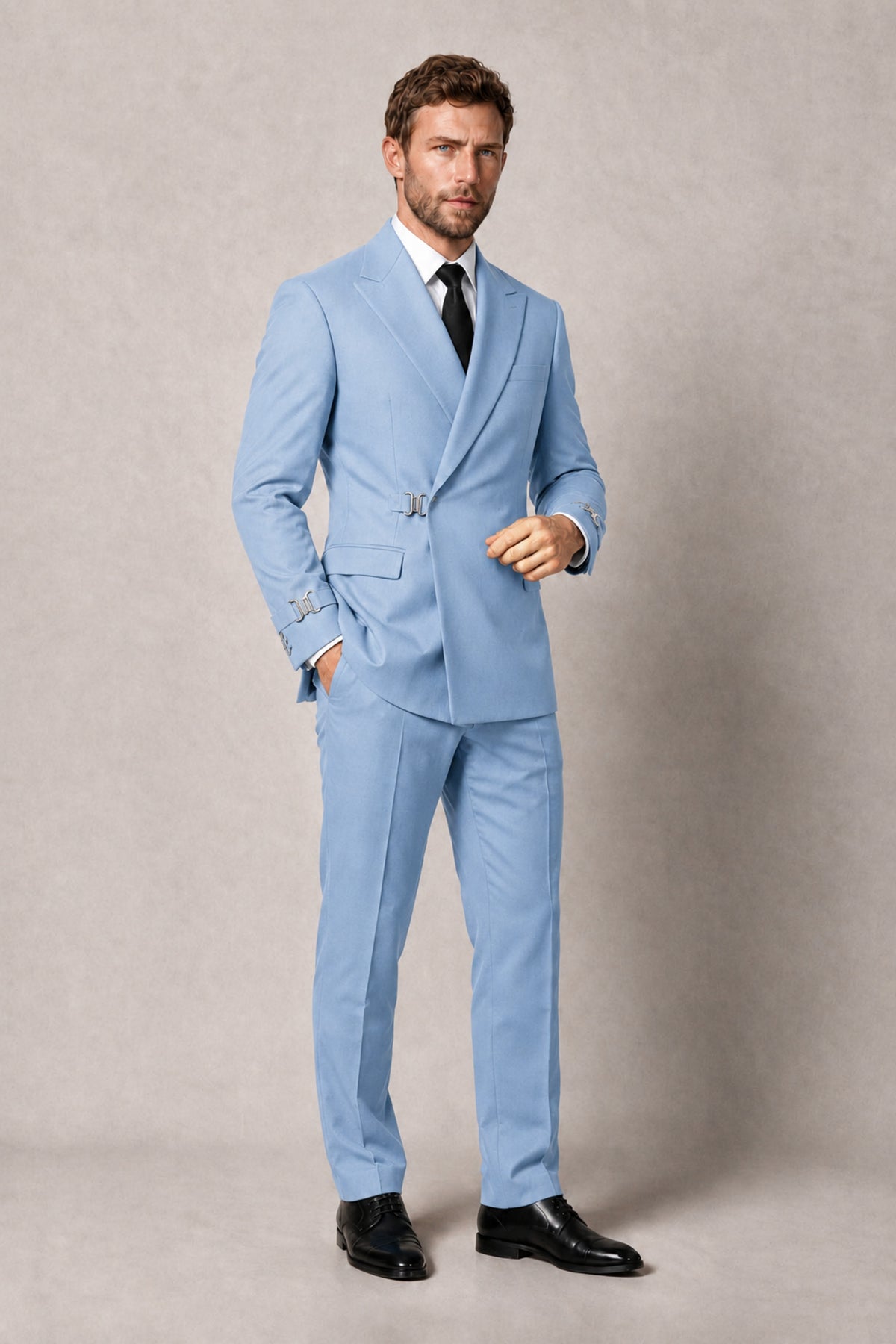 BOLODOO Men's Light Blue Double-Breasted 2-Piece Suit Set – Blazer & Tailored Trousers - Light Blue