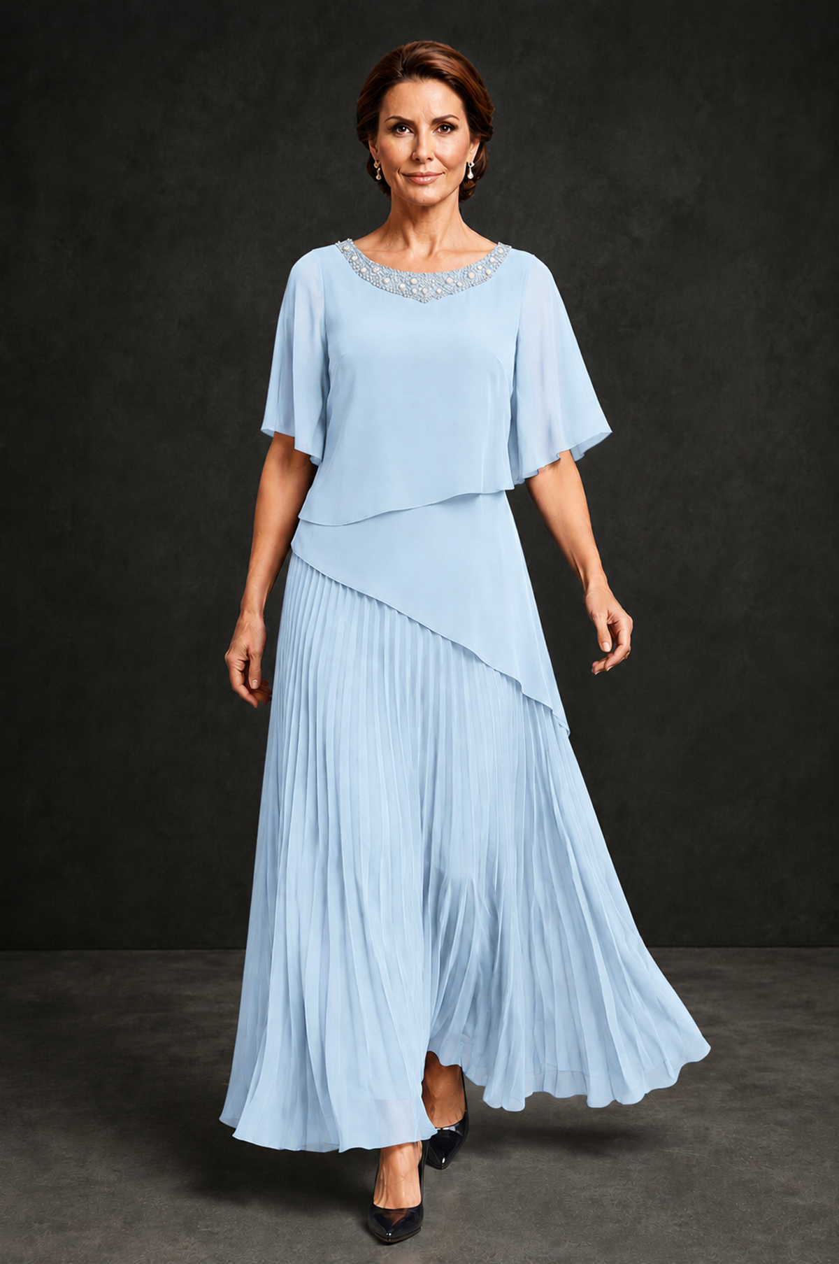 BOLODOO Light Blue Pearl Beaded Neck Asymmetric Tiered Flutter Sleeve Pleated Chiffon Maxi Dress - Light Blue - Light_Blue_4