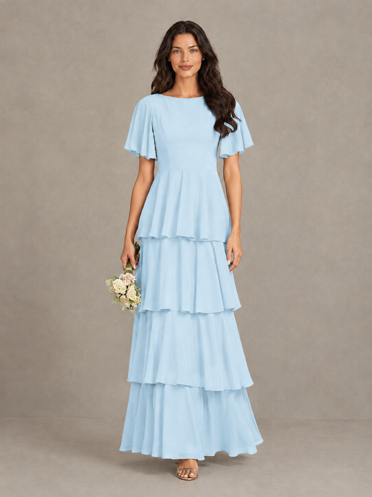 BOLODOO Light Blue Tiered Flutter Sleeve Bridesmaid Dress - Light Blue - Light Blue_4