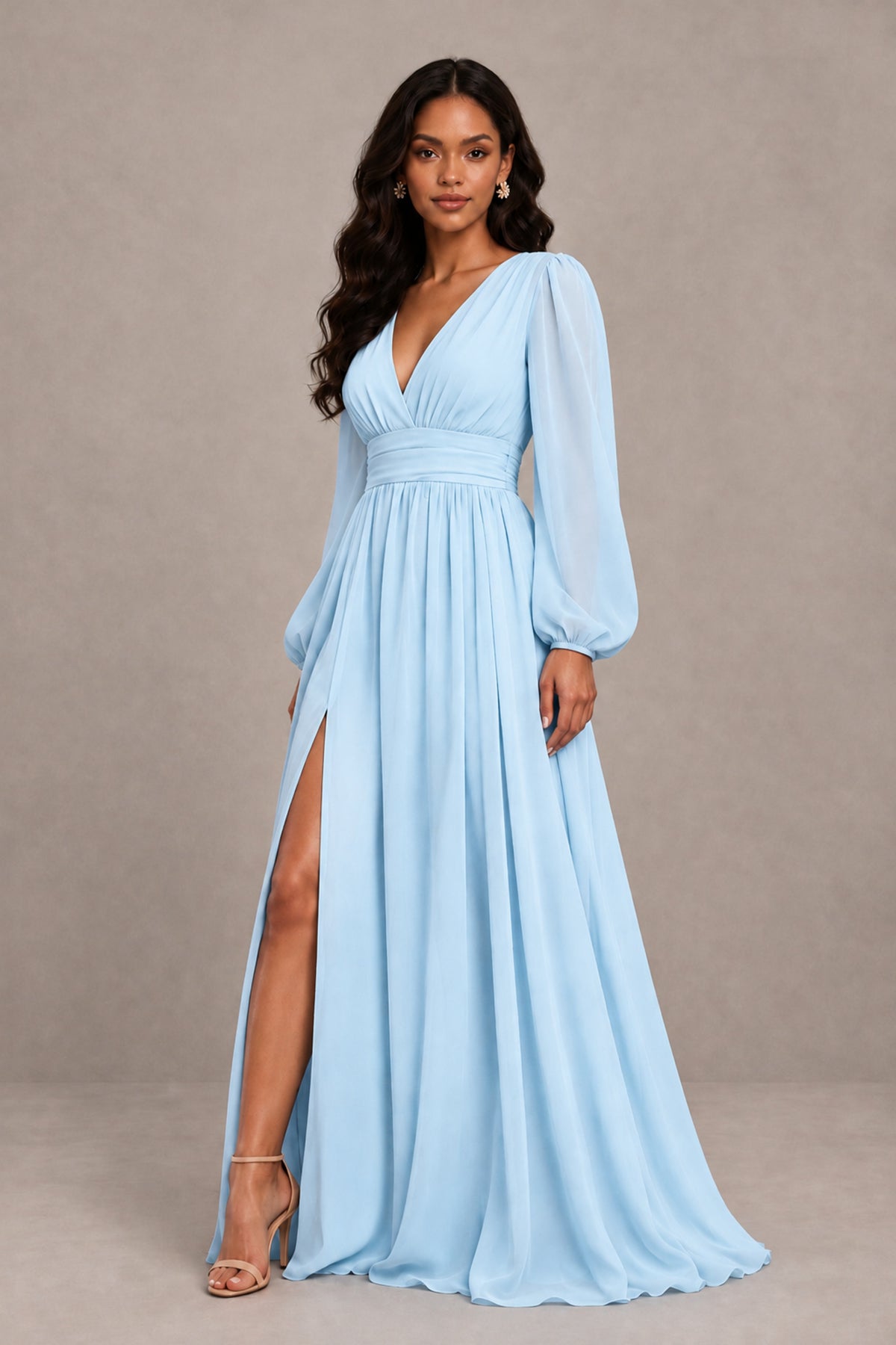 BOLODOO Light Blue Long Sleeve V-Neck A-Line Gown with Open Back & Slit - Light Blue - Light Blue_4