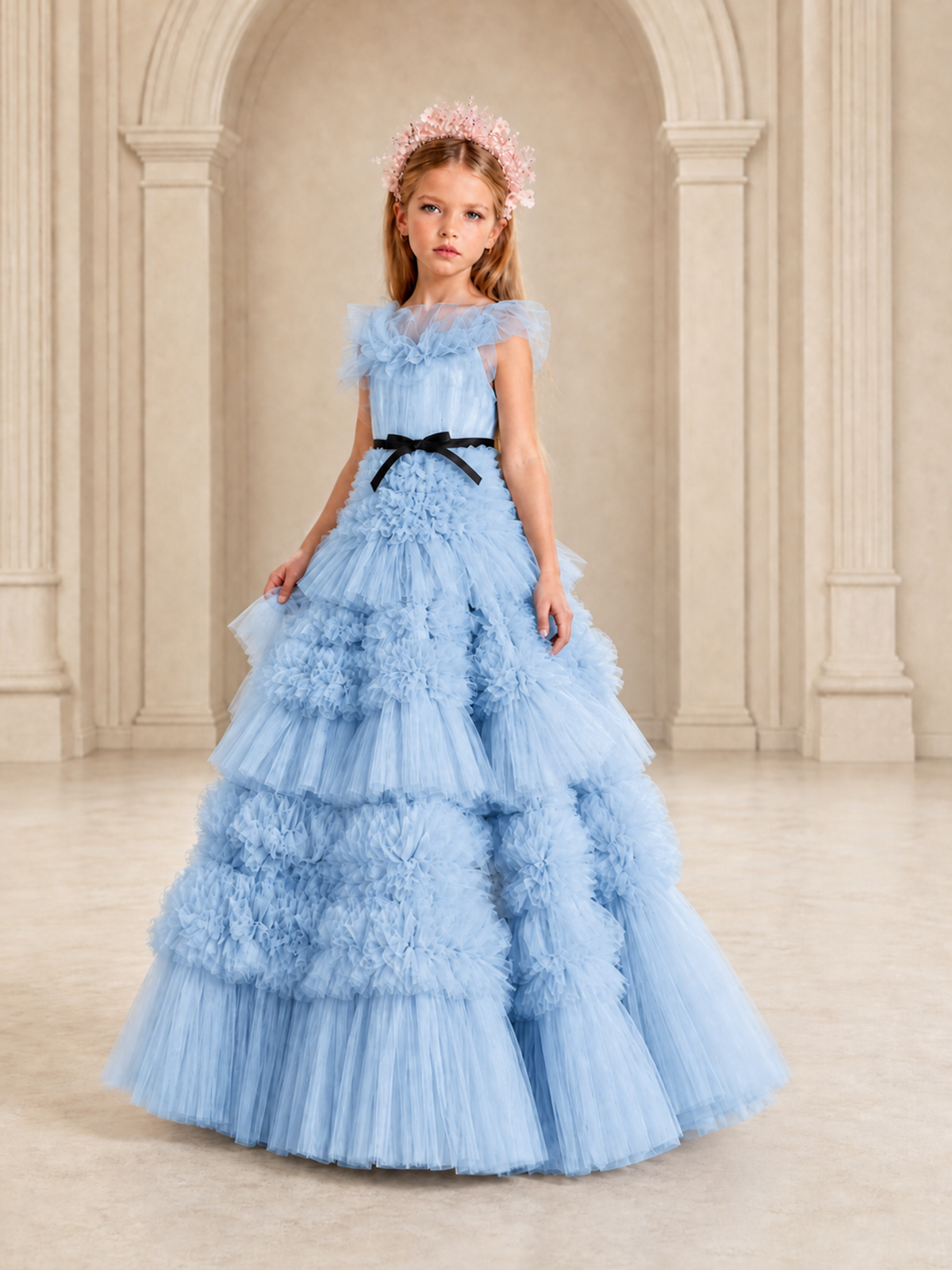 BOLODOO Light Blue Tiered Tulle Flower Girl Dress with Floral Appliques - Light Blue - Light Blue_4