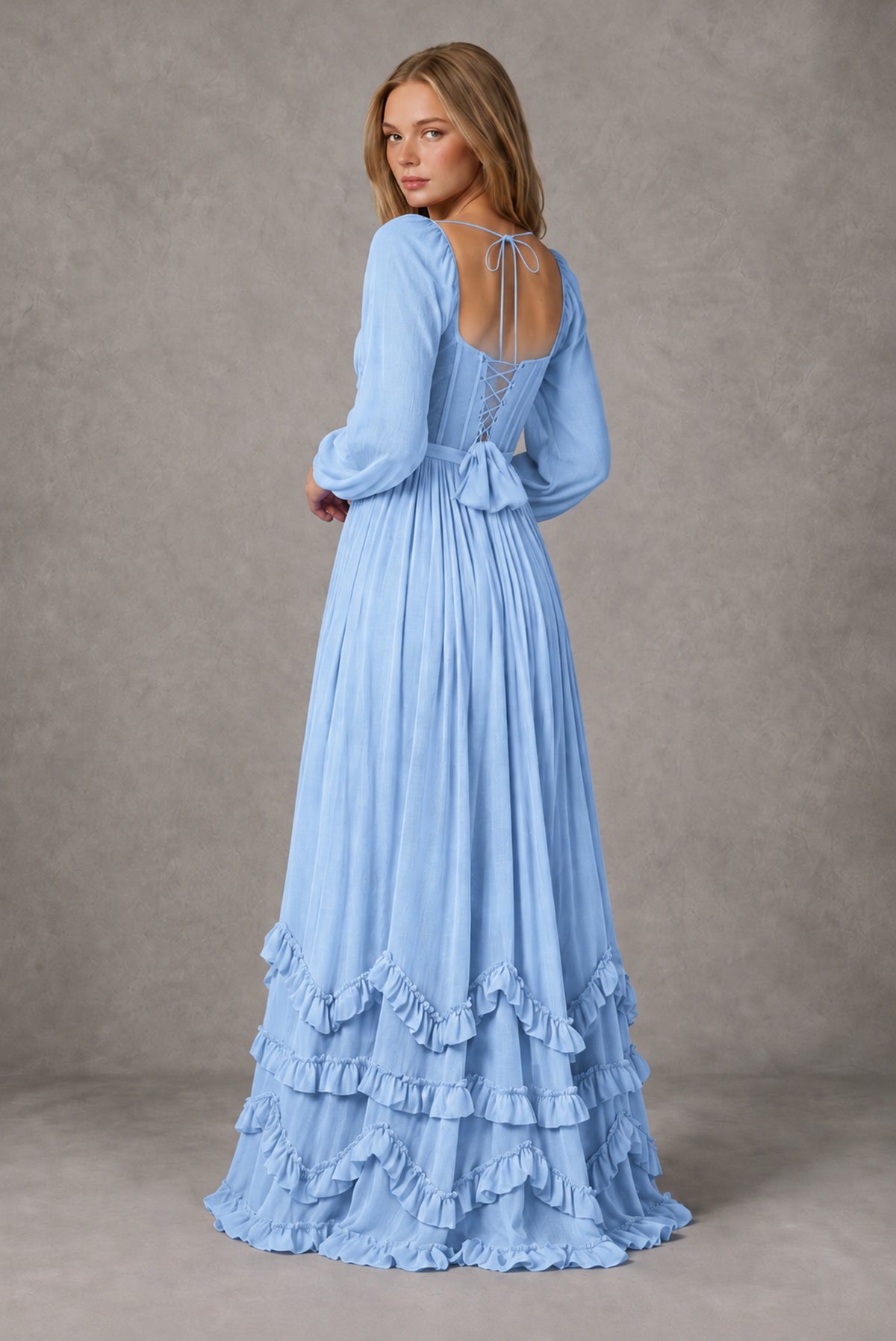 Light Blue Long-Sleeve Ruffle Maxi Dress with Lace-Up Back and Slit - Light Blue